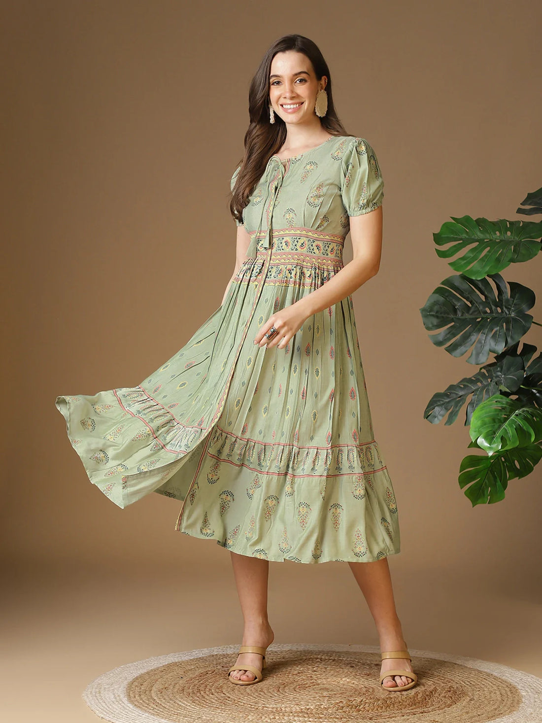 Buy Viscose Printed Flared Calf Length Ethnic Dress-Olive