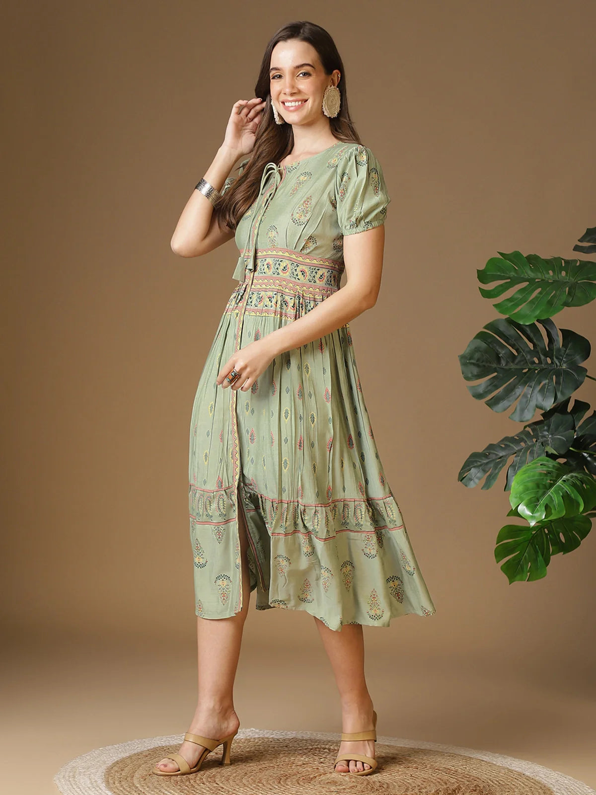 Buy Viscose Printed Flared Calf Length Ethnic Dress-Olive