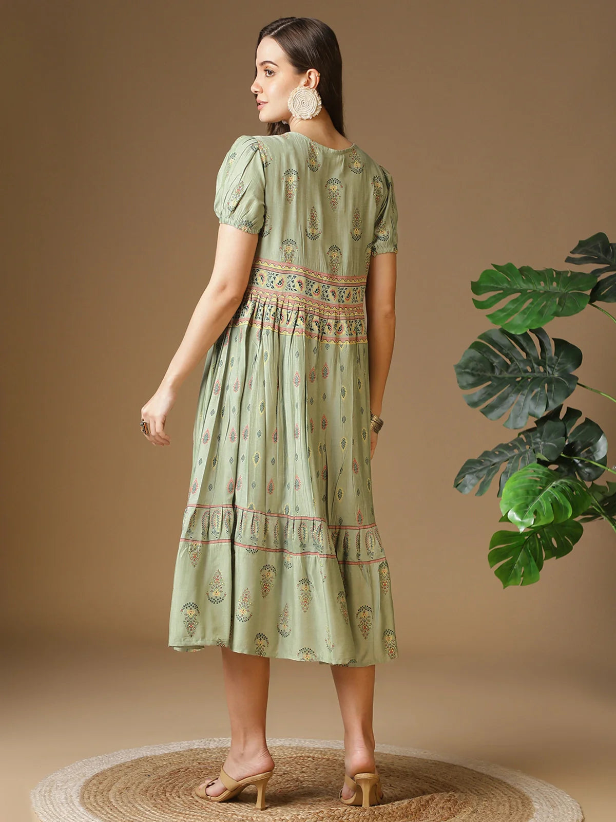 Buy Viscose Printed Flared Calf Length Ethnic Dress-Olive