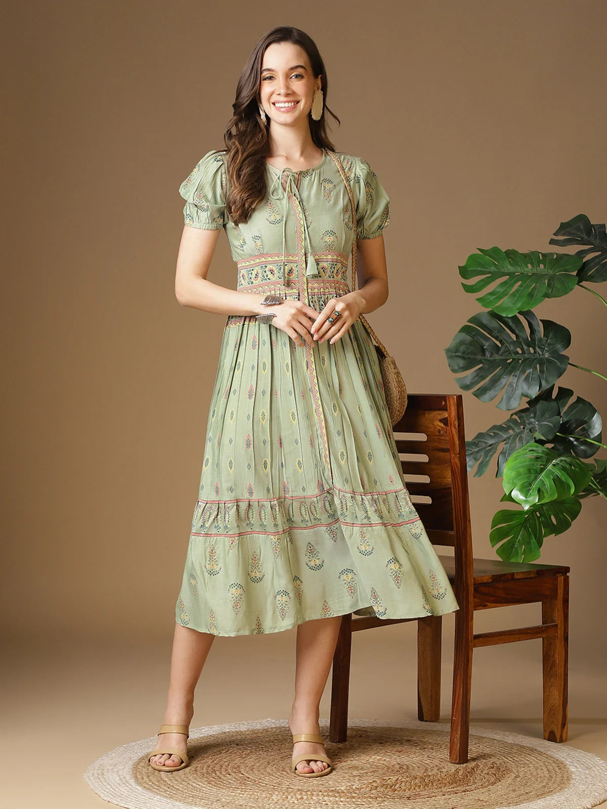 Buy Viscose Printed Flared Calf Length Ethnic Dress-Olive