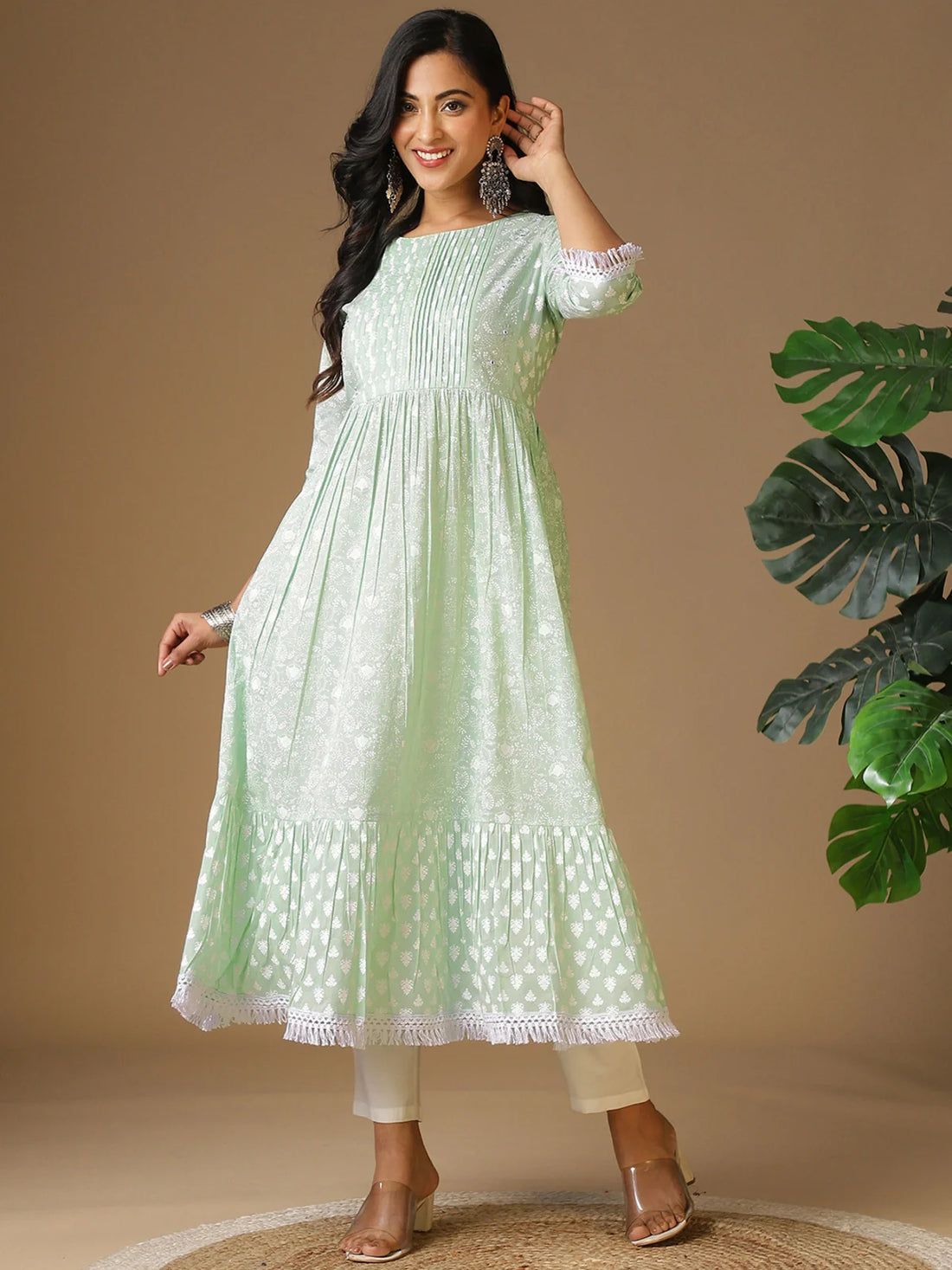 Buy Cotton Yoke Sequinned Pleated Ethnic Printed Calf Length Anarkali Kurta With Lace Detailing-Mint Green