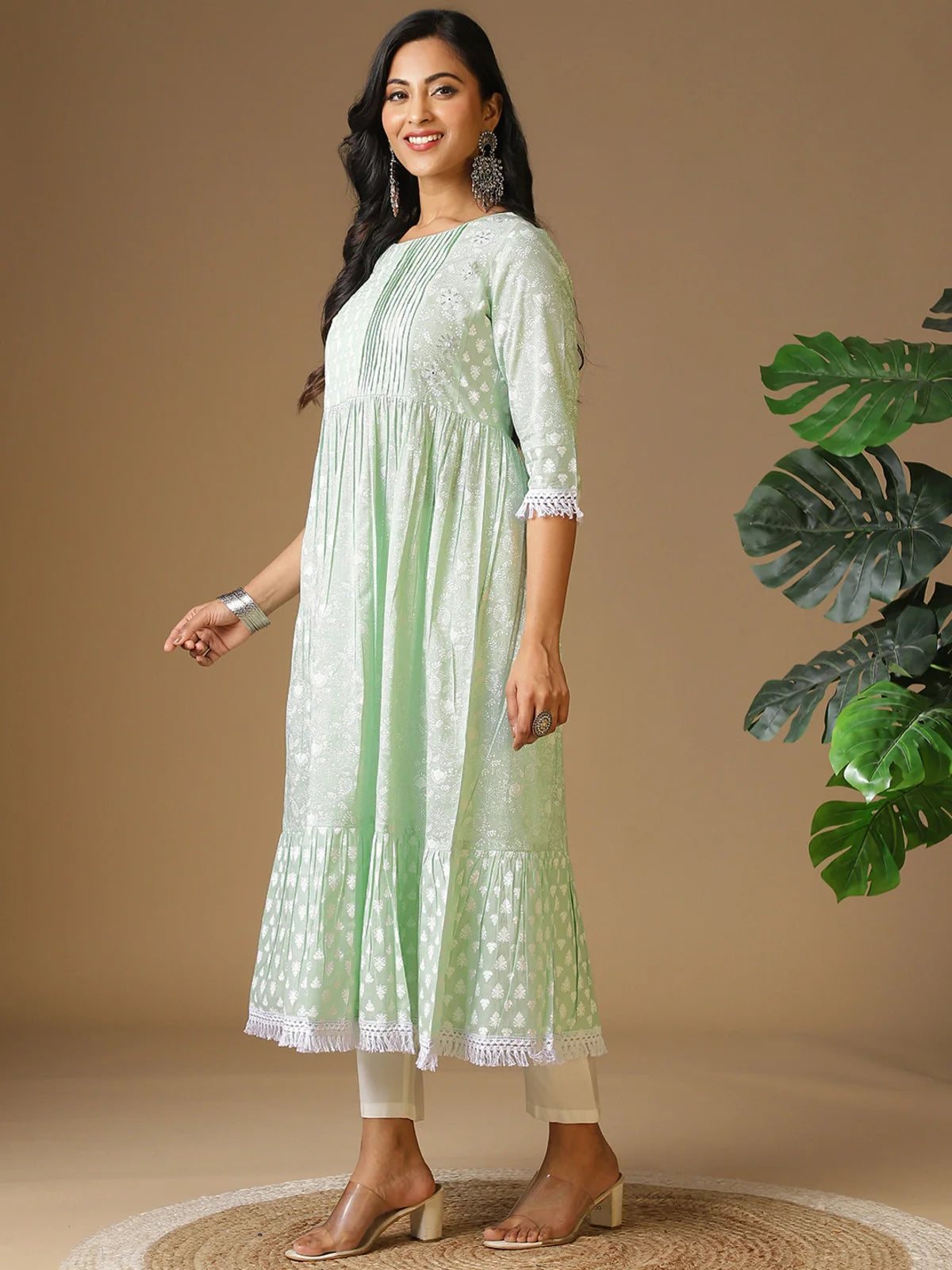 Buy Cotton Yoke Sequinned Pleated Ethnic Printed Calf Length Anarkali Kurta With Lace Detailing-Mint Green