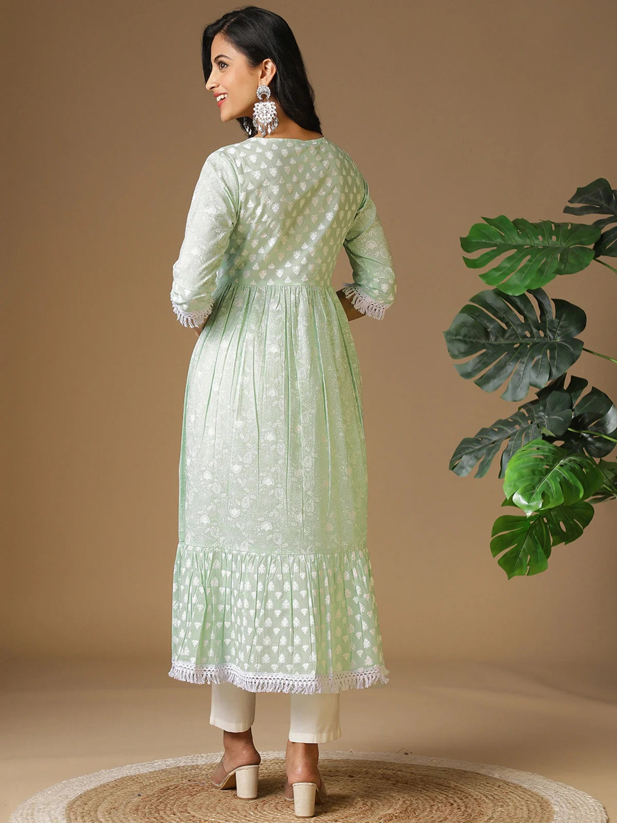 Buy Cotton Yoke Sequinned Pleated Ethnic Printed Calf Length Anarkali Kurta With Lace Detailing-Mint Green