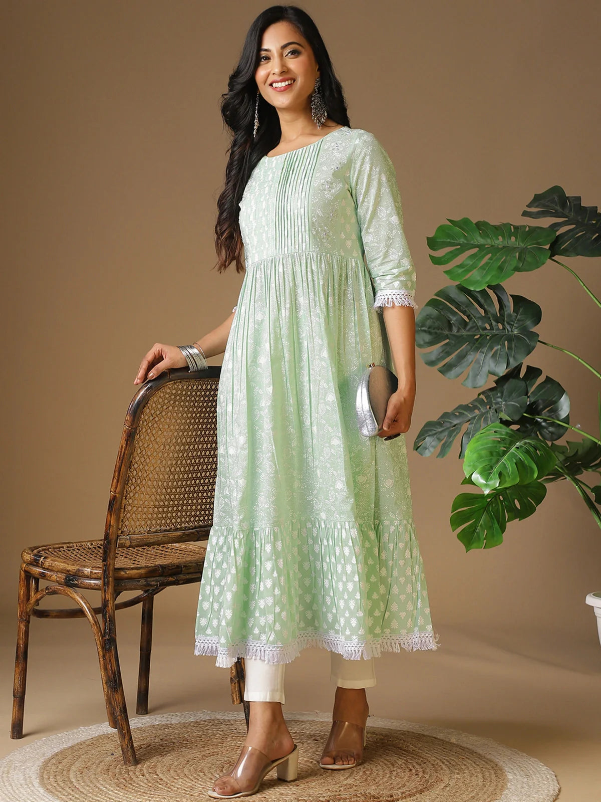 Buy Cotton Yoke Sequinned Pleated Ethnic Printed Calf Length Anarkali Kurta With Lace Detailing-Mint Green