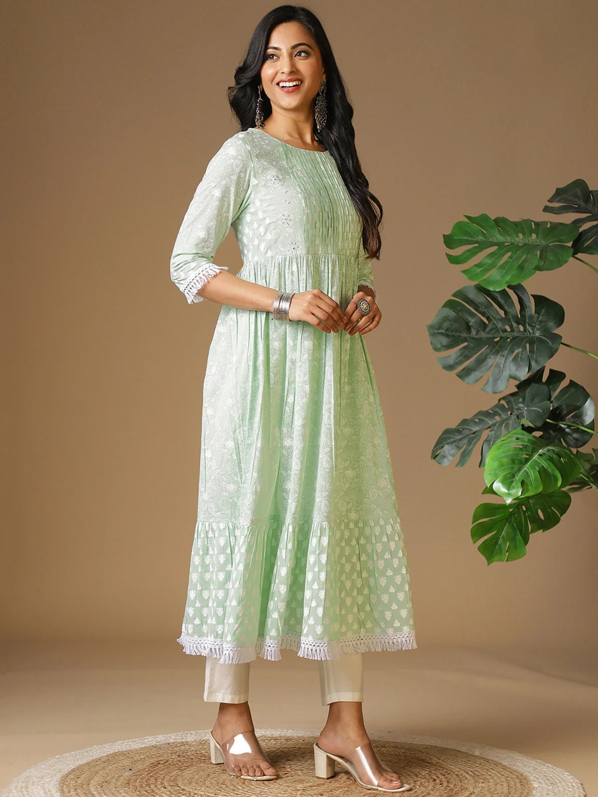 Buy Cotton Yoke Sequinned Pleated Ethnic Printed Calf Length Anarkali Kurta With Lace Detailing-Mint Green