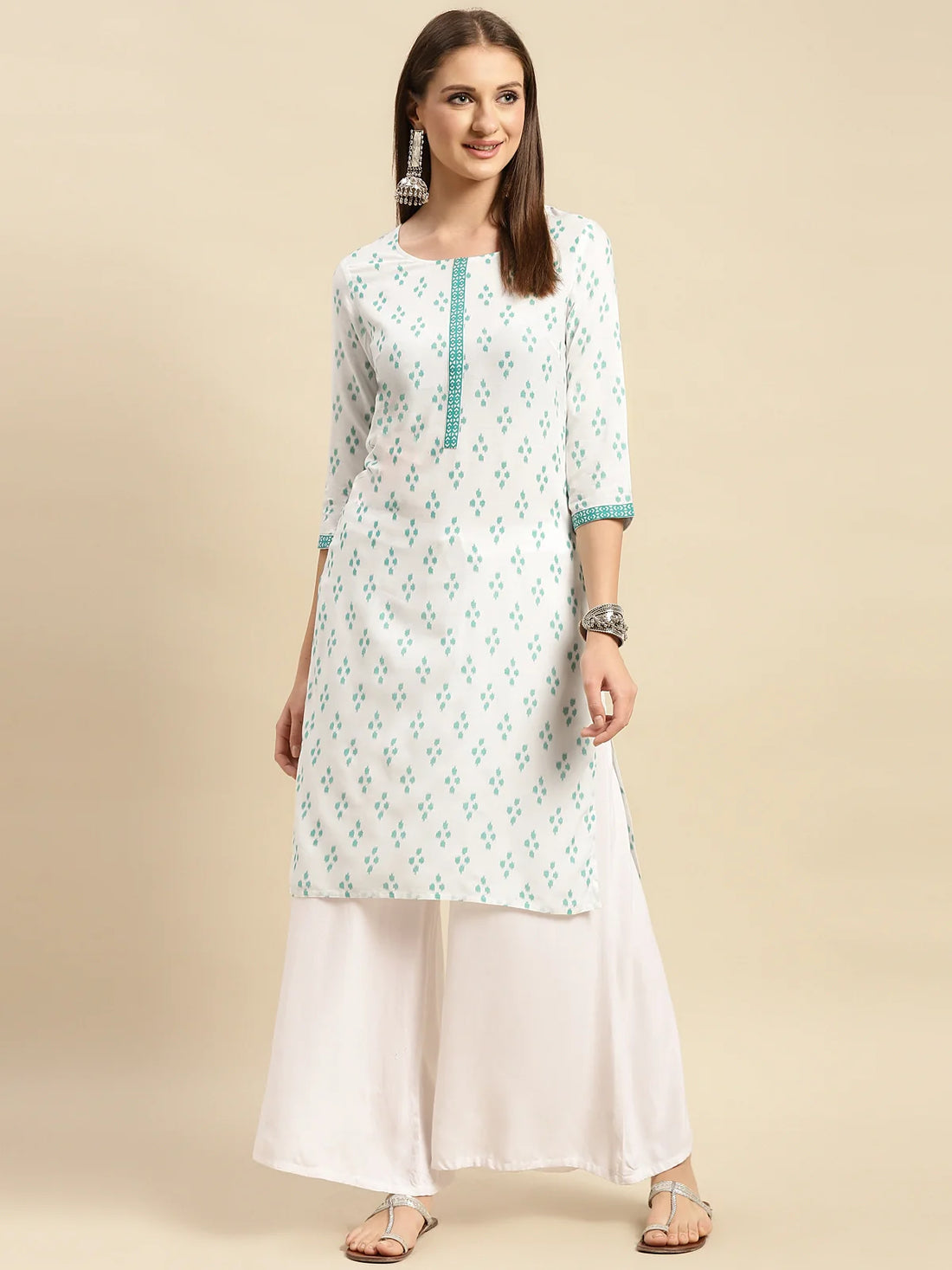 Buy Rayon Contrast Placket Ikaat Printed Knee Length Straight Kurta-White