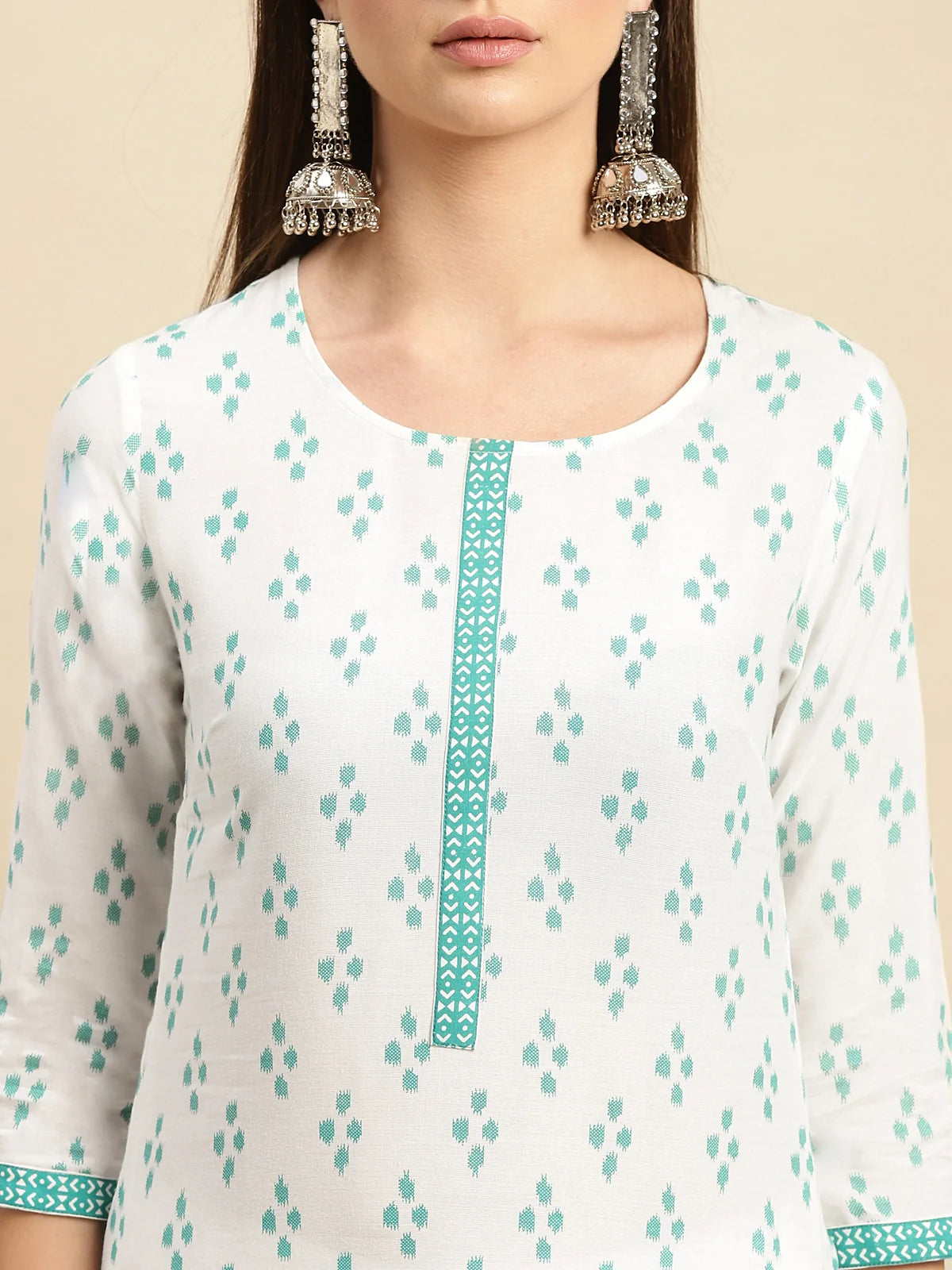 Buy Rayon Contrast Placket Ikaat Printed Knee Length Straight Kurta-White