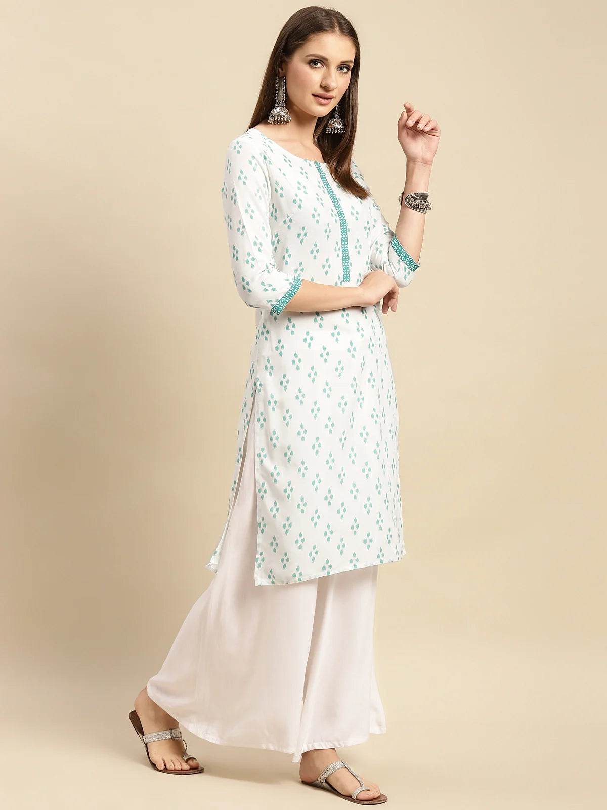 Buy Rayon Contrast Placket Ikaat Printed Knee Length Straight Kurta-White