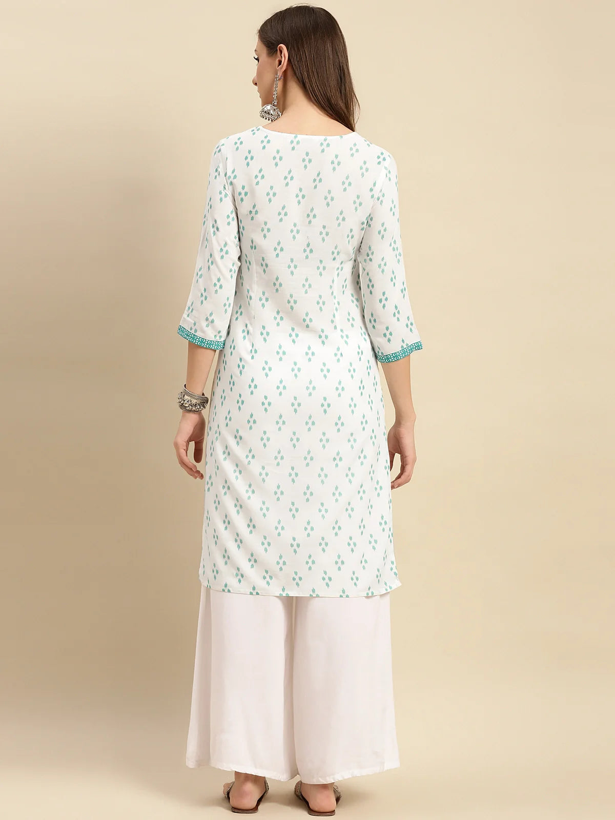 Buy Rayon Contrast Placket Ikaat Printed Knee Length Straight Kurta-White