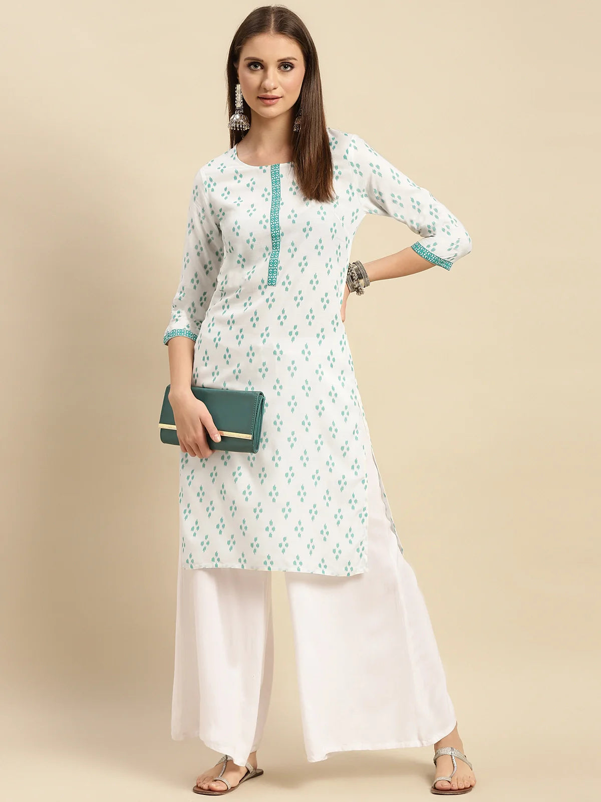 Buy Rayon Contrast Placket Ikaat Printed Knee Length Straight Kurta-White