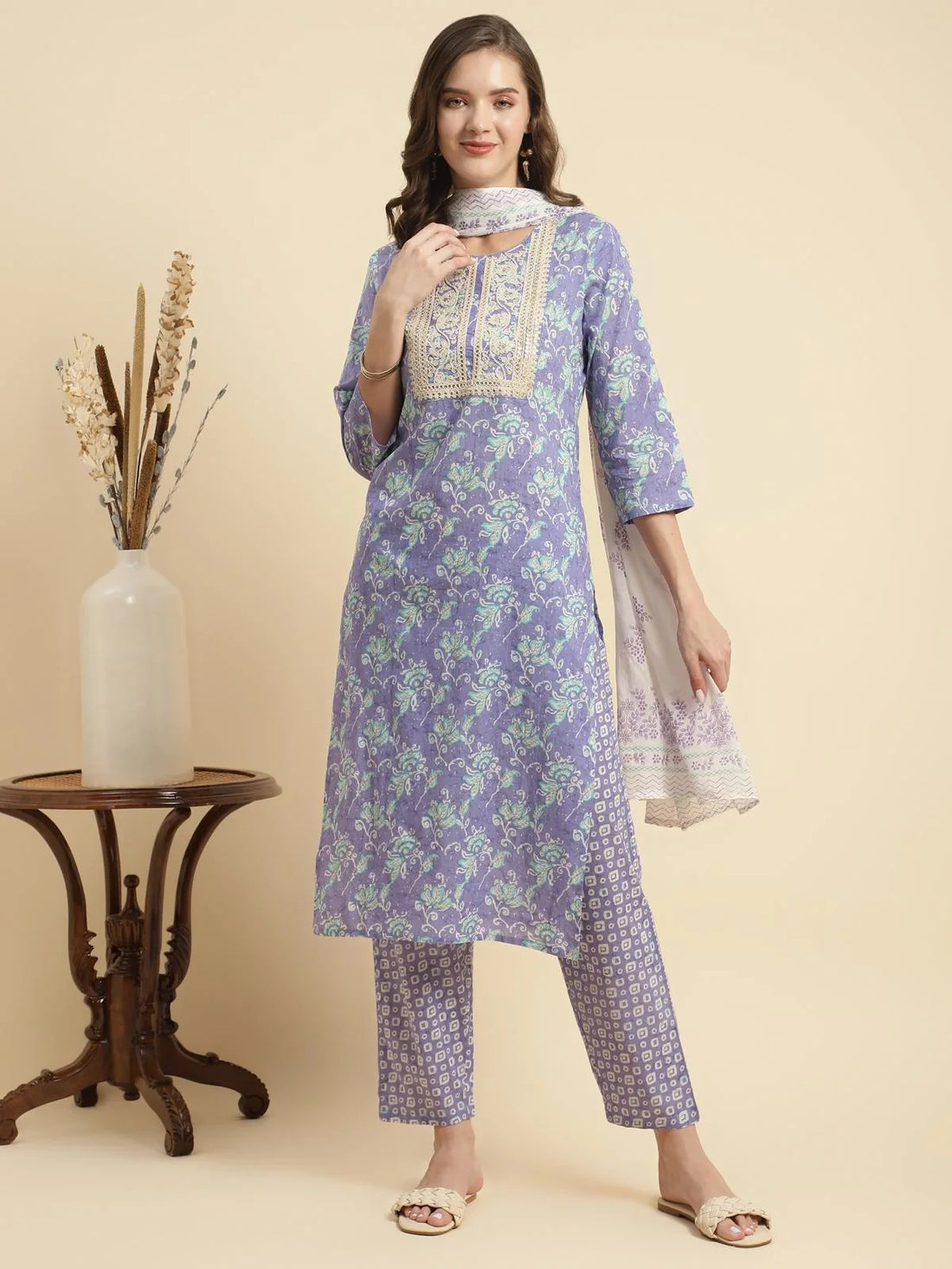 Buy Cotton Embroidered Calf Length Straight Kurta With Pant And Dupatta-Lavender