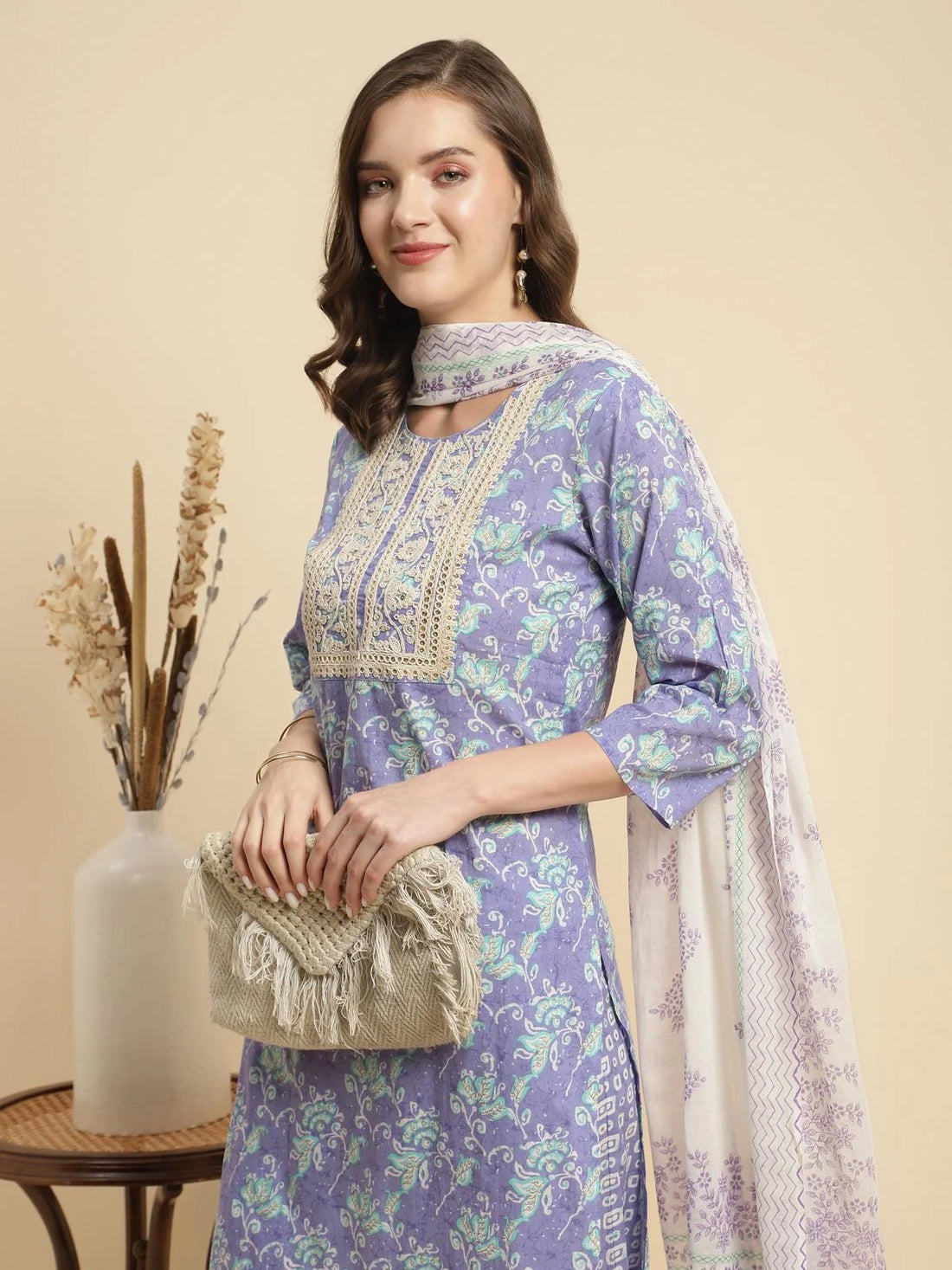 Buy Cotton Embroidered Calf Length Straight Kurta With Pant And Dupatta-Lavender