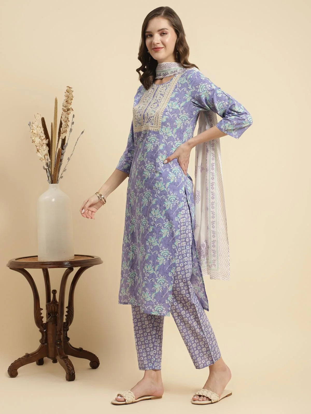 Buy Cotton Embroidered Calf Length Straight Kurta With Pant And Dupatta-Lavender