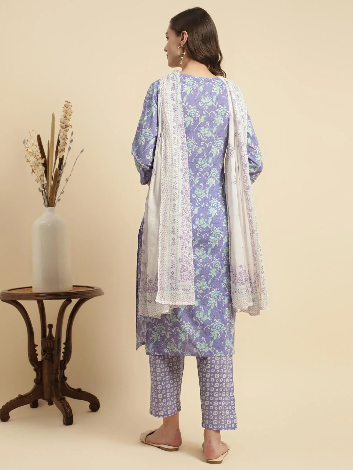 Buy Cotton Embroidered Calf Length Straight Kurta With Pant And Dupatta-Lavender