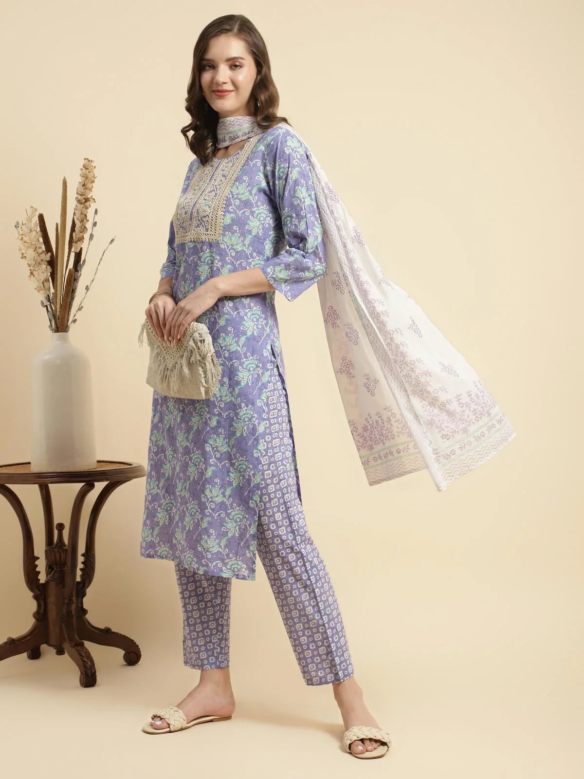 Buy Cotton Embroidered Calf Length Straight Kurta With Pant And Dupatta-Lavender