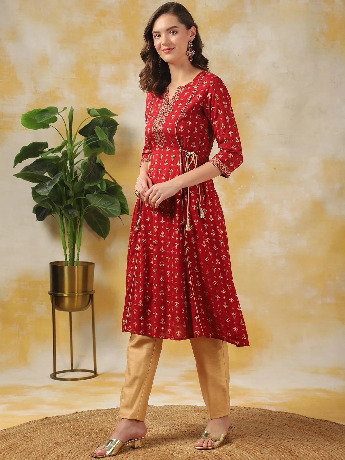 Buy Rayon Ethnic Printed Calf Length A-line Kurta-Maroon