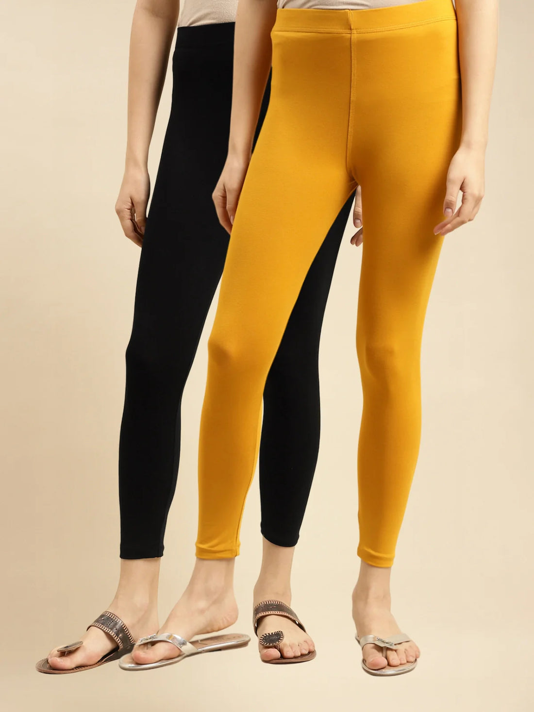 Buy Cotton Solid Ankle Length Leggings (Pack of 2)-Black & Mustard