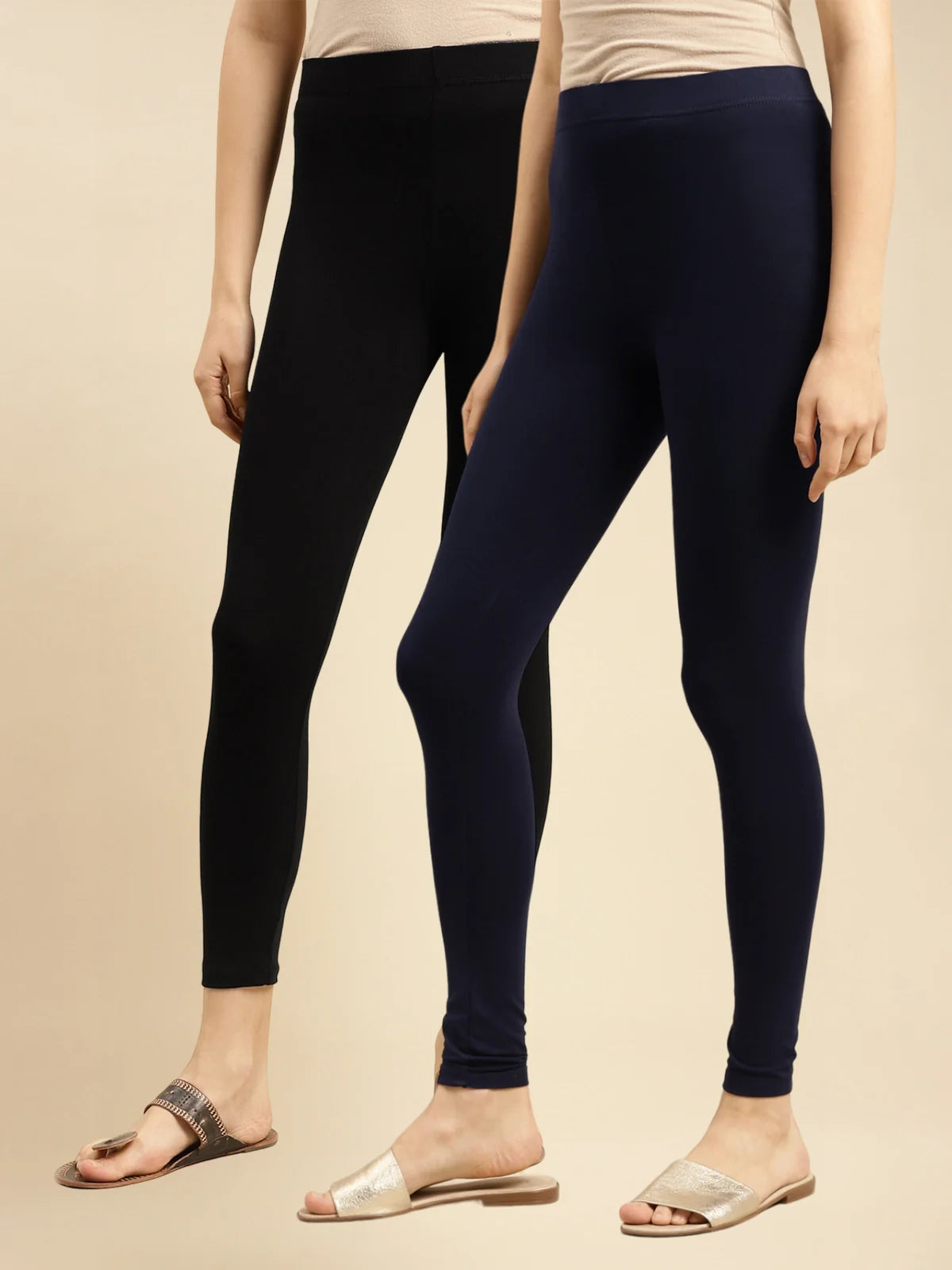 Buy Cotton Solid Ankle Length Leggings (Pack of 2)-Black & Navy Blue