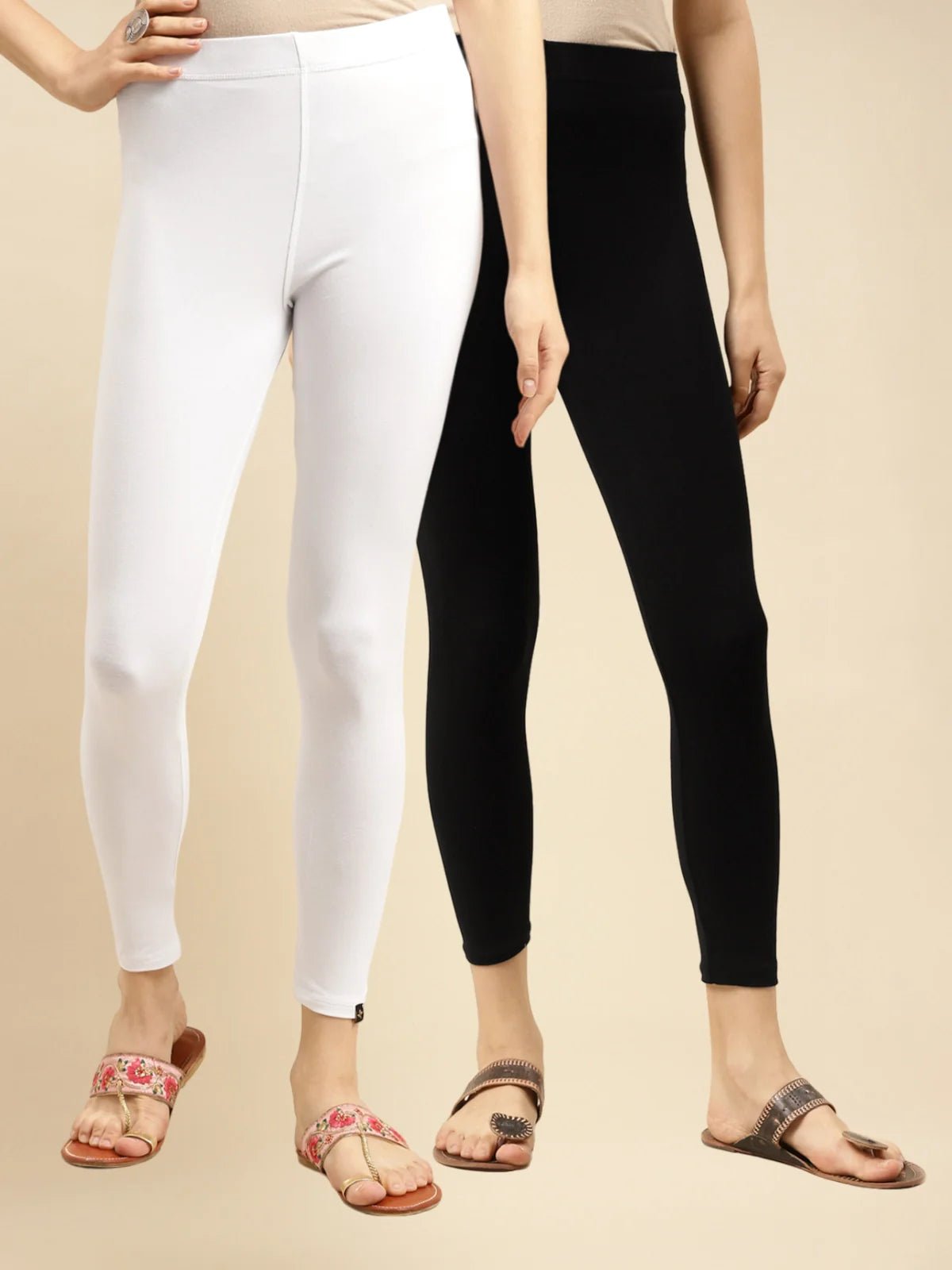 Buy Cotton Solid Ankle Length Leggings (Pack of 2)-Black & White