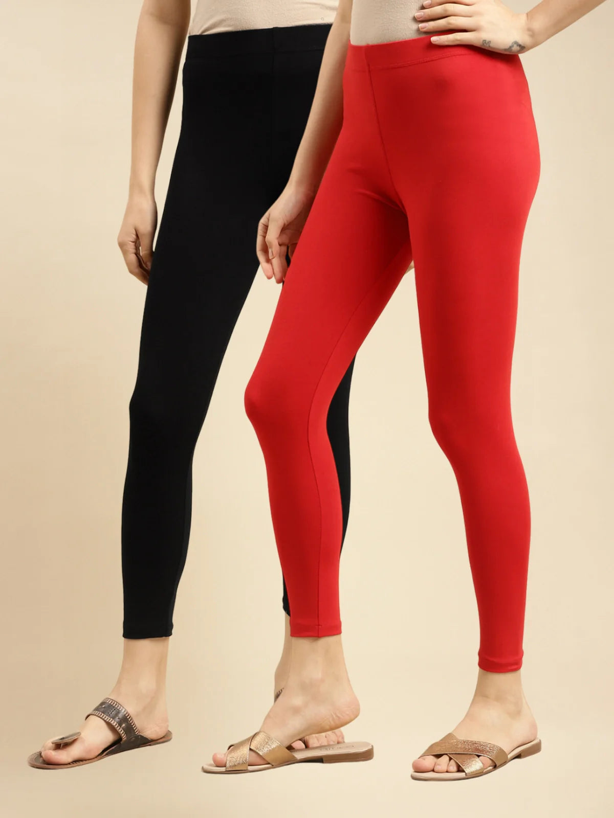 Buy Cotton Solid Ankle Length Leggings (Pack of 2)-Red & Black