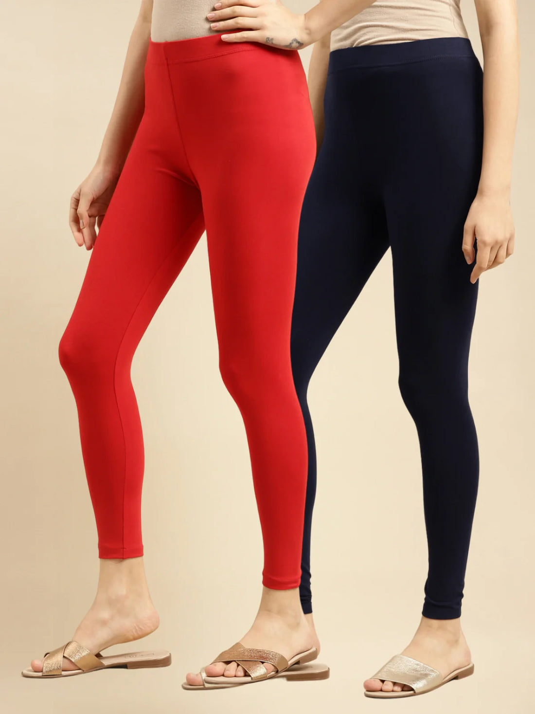 Buy Cotton Solid Ankle Length Leggings (Pack of 2)-Red & Navy Blue