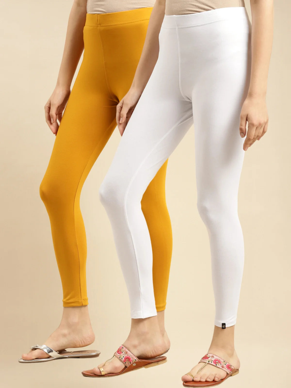 Buy Cotton Solid Ankle Length Leggings (Pack of 2)-White & Mustard