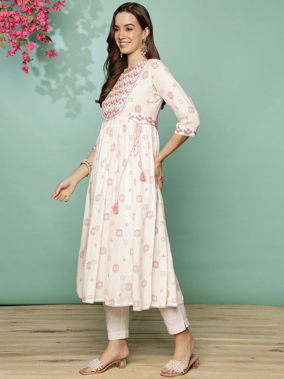 Buy Rayon Yoke Embroidered Calf Length Anarkali Kurta With Tie-Up On Waist-Pink