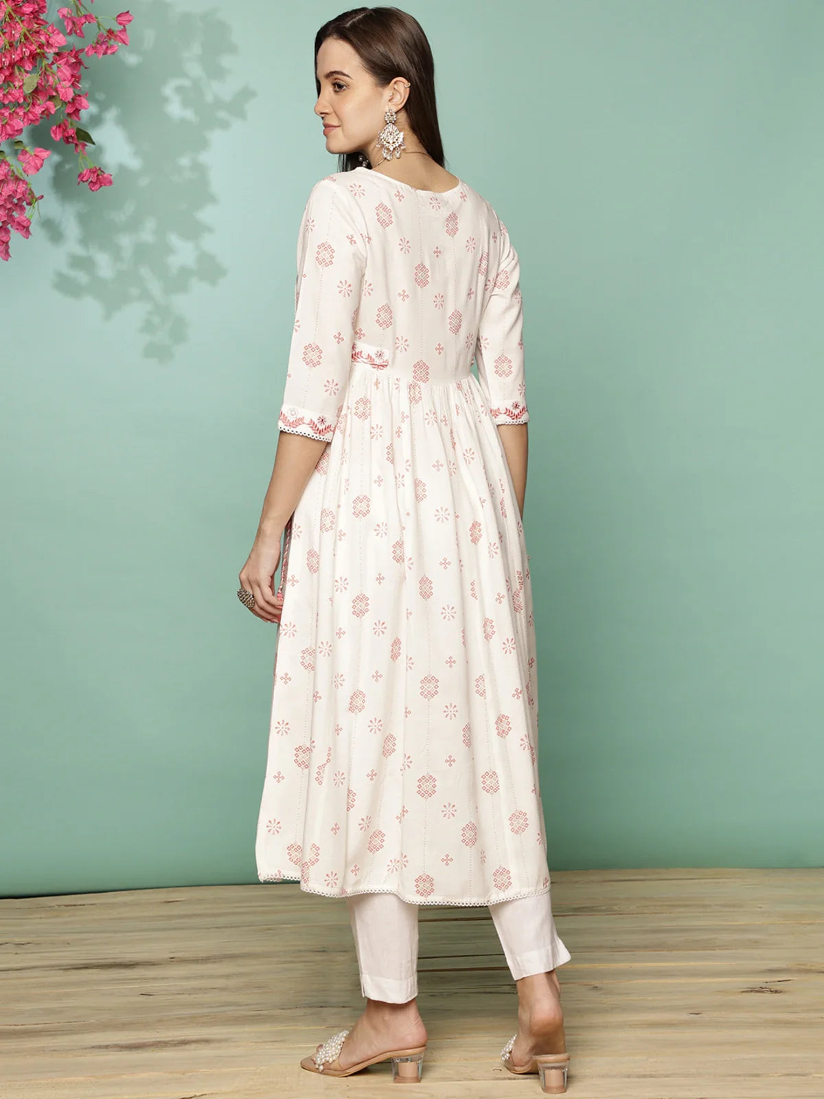 Buy Rayon Yoke Embroidered Calf Length Anarkali Kurta With Tie-Up On Waist-Pink