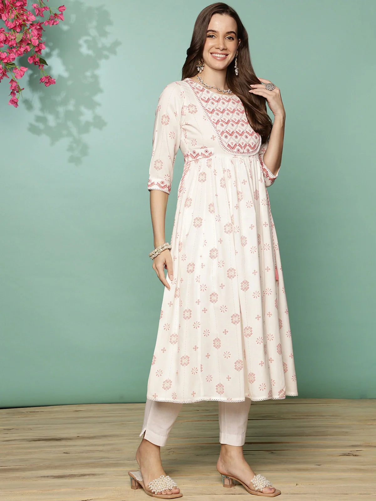 Buy Rayon Yoke Embroidered Calf Length Anarkali Kurta With Tie-Up On Waist-Pink