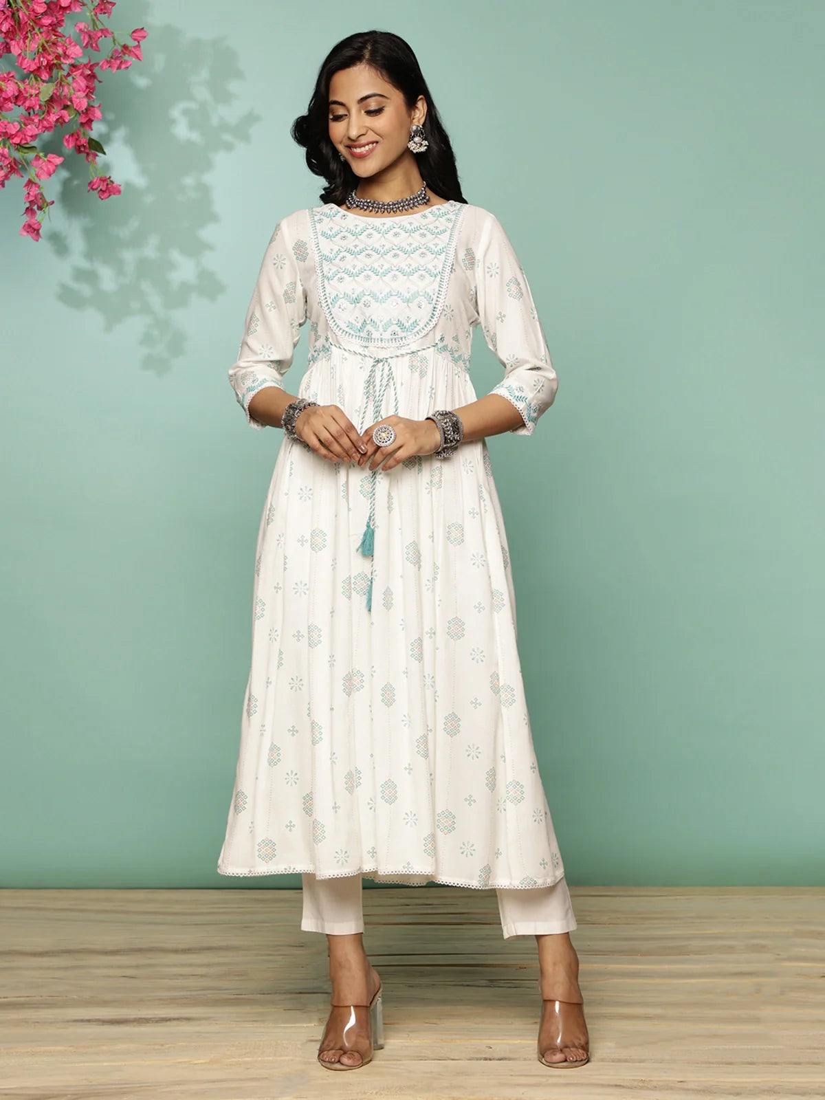 Buy Rayon Yoke Embroidered Calf Length Anarkali Kurta With Tie-Up On Waist-Pink