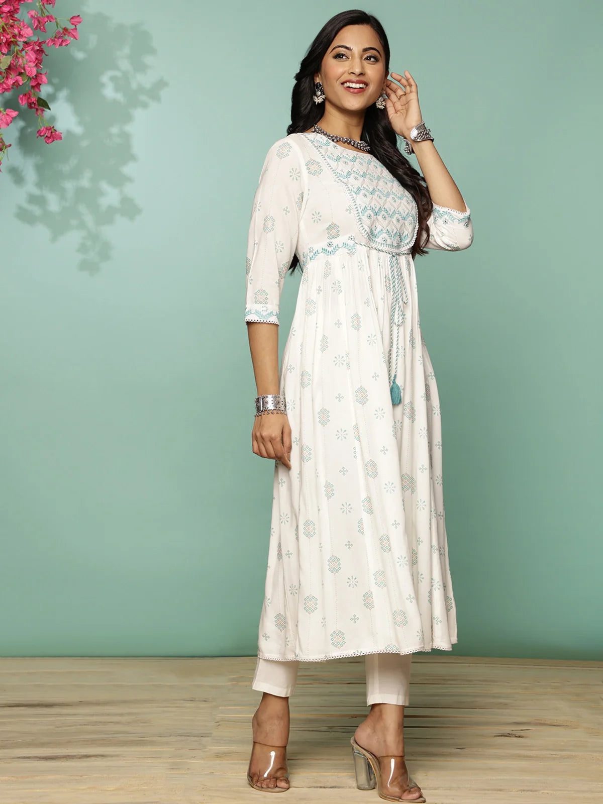 Buy Rayon Yoke Embroidered Calf Length Anarkali Kurta With Tie-Up On Waist-Pink