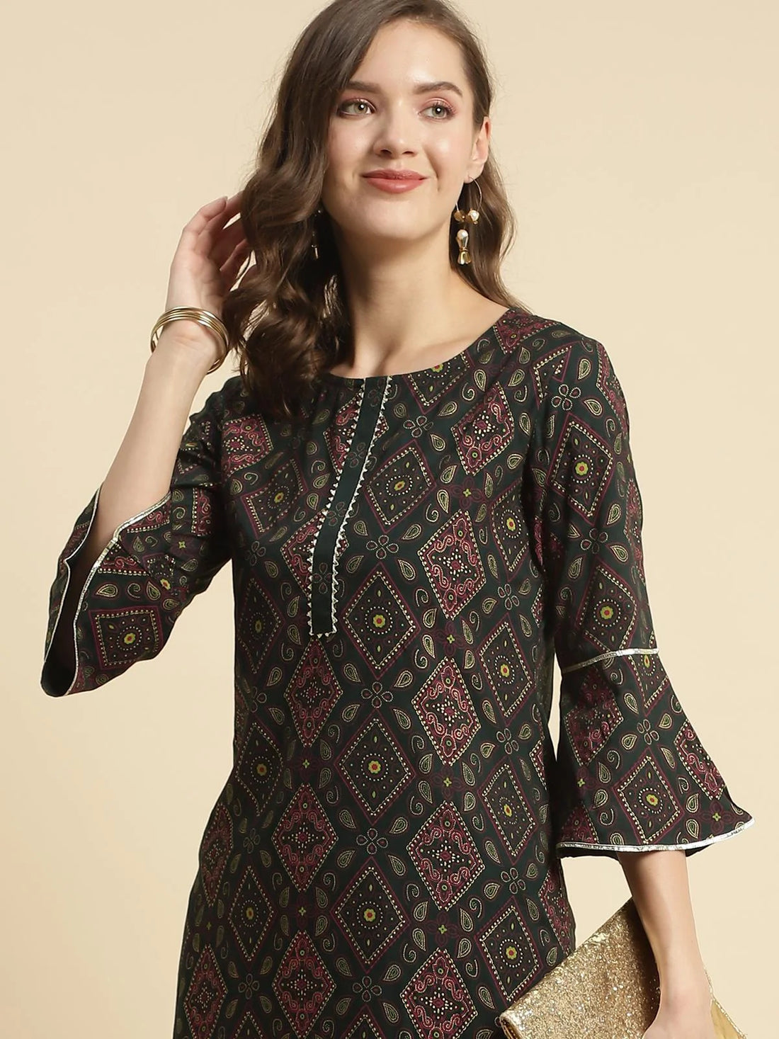 Buy Rayon Printed Knee Length Straight Kurta With Pant-Green