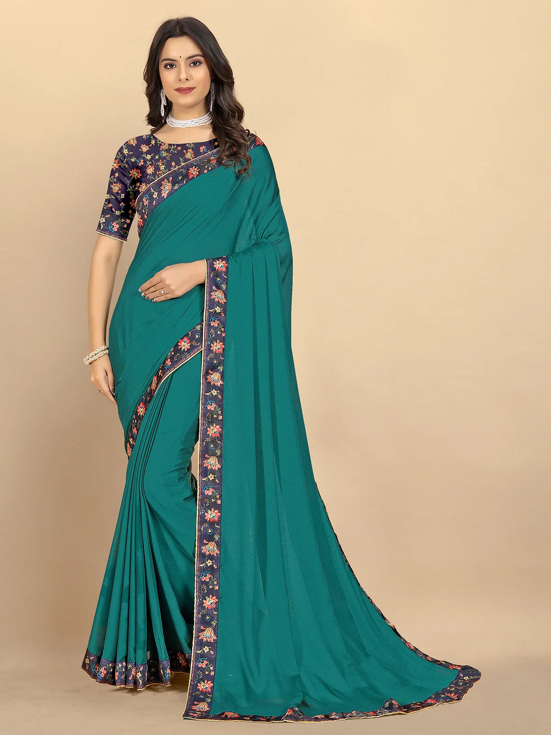 Buy Solid Moss Georgette Saree With Printed Border & Blouse Piece-Sea Green