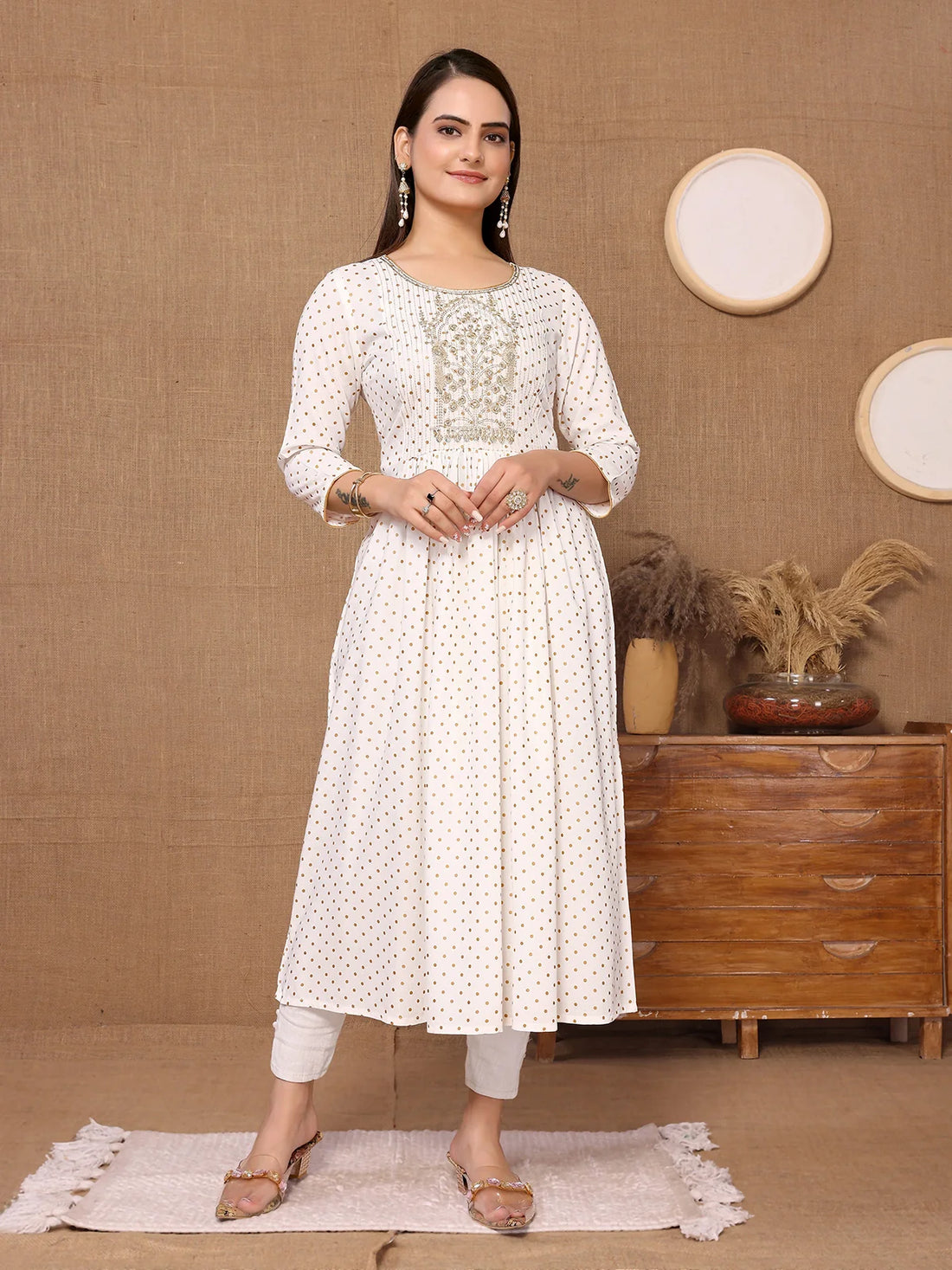 Buy Rayon Embroidered Calf Length Anarkali Kurta-Off White