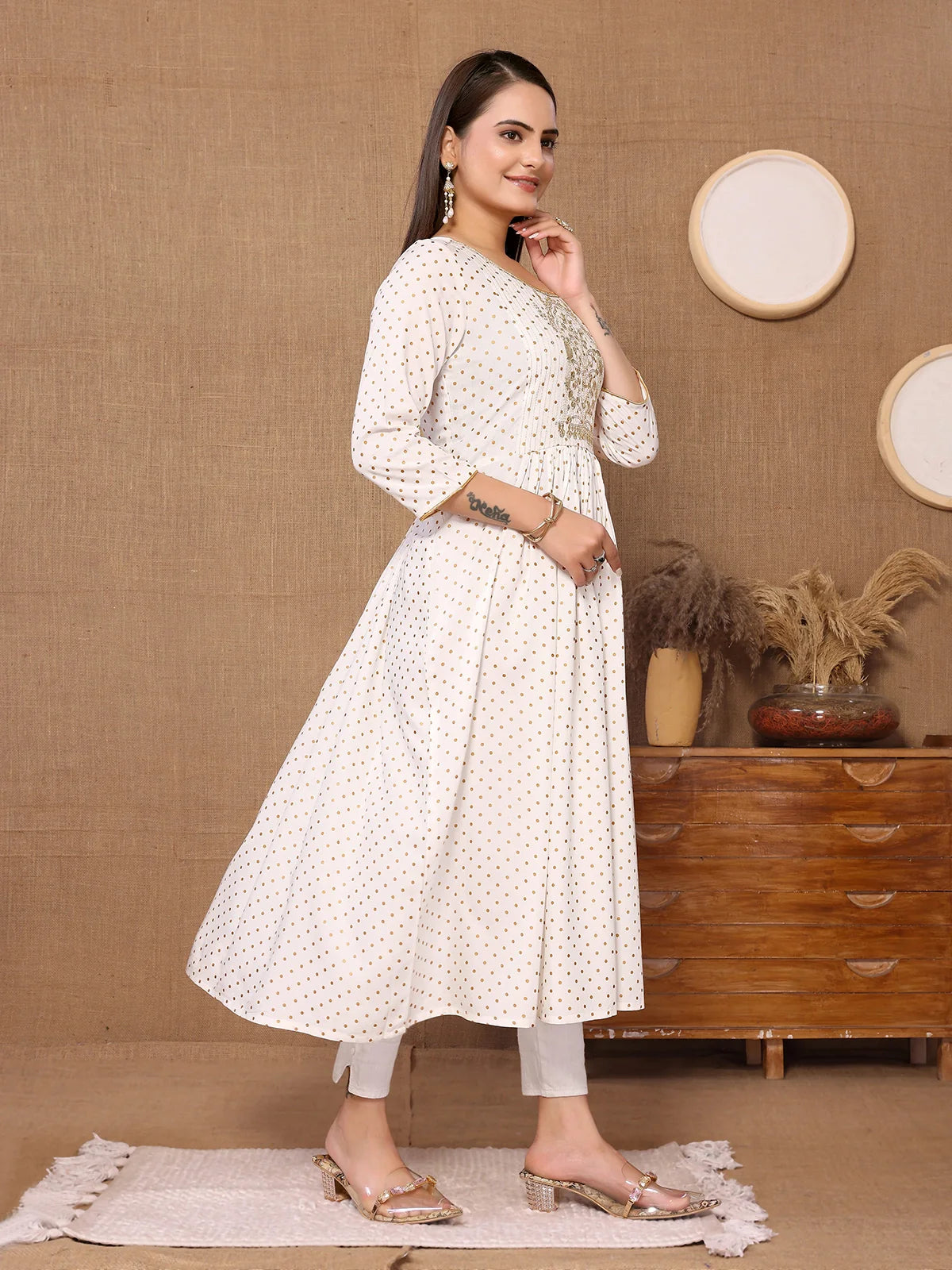 Buy Rayon Embroidered Calf Length Anarkali Kurta-Off White