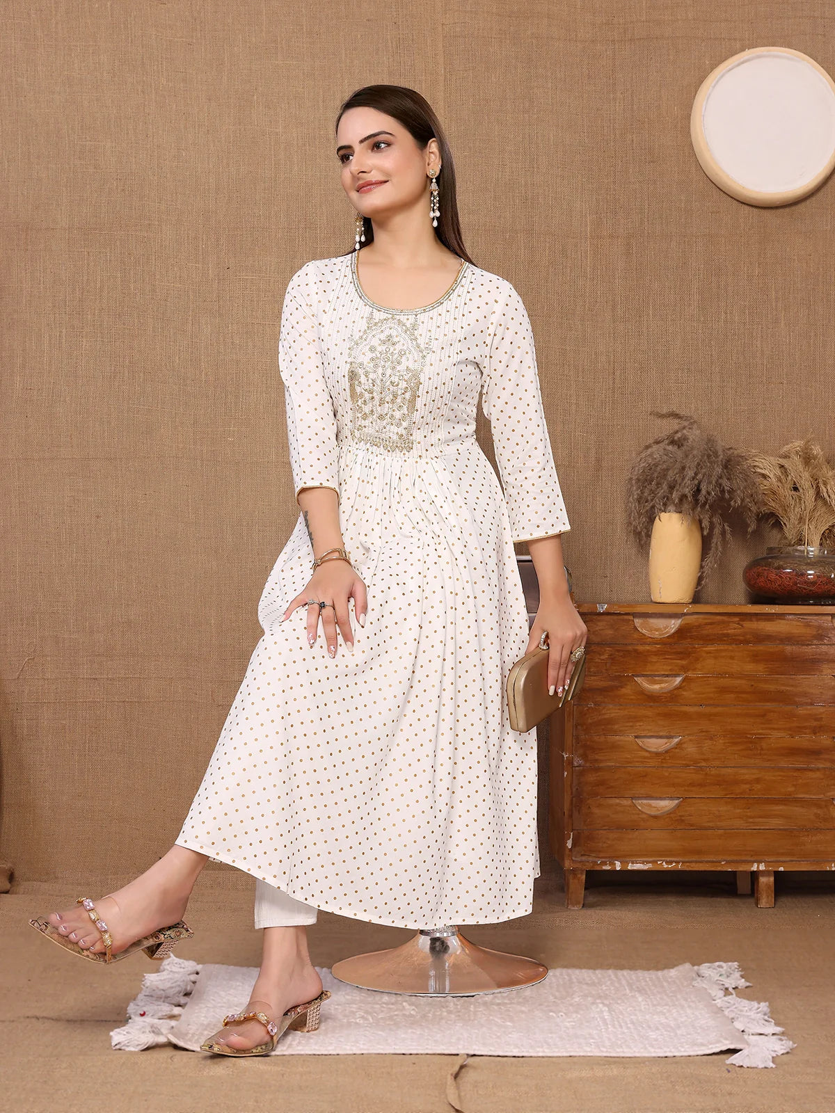 Buy Rayon Embroidered Calf Length Anarkali Kurta-Off White