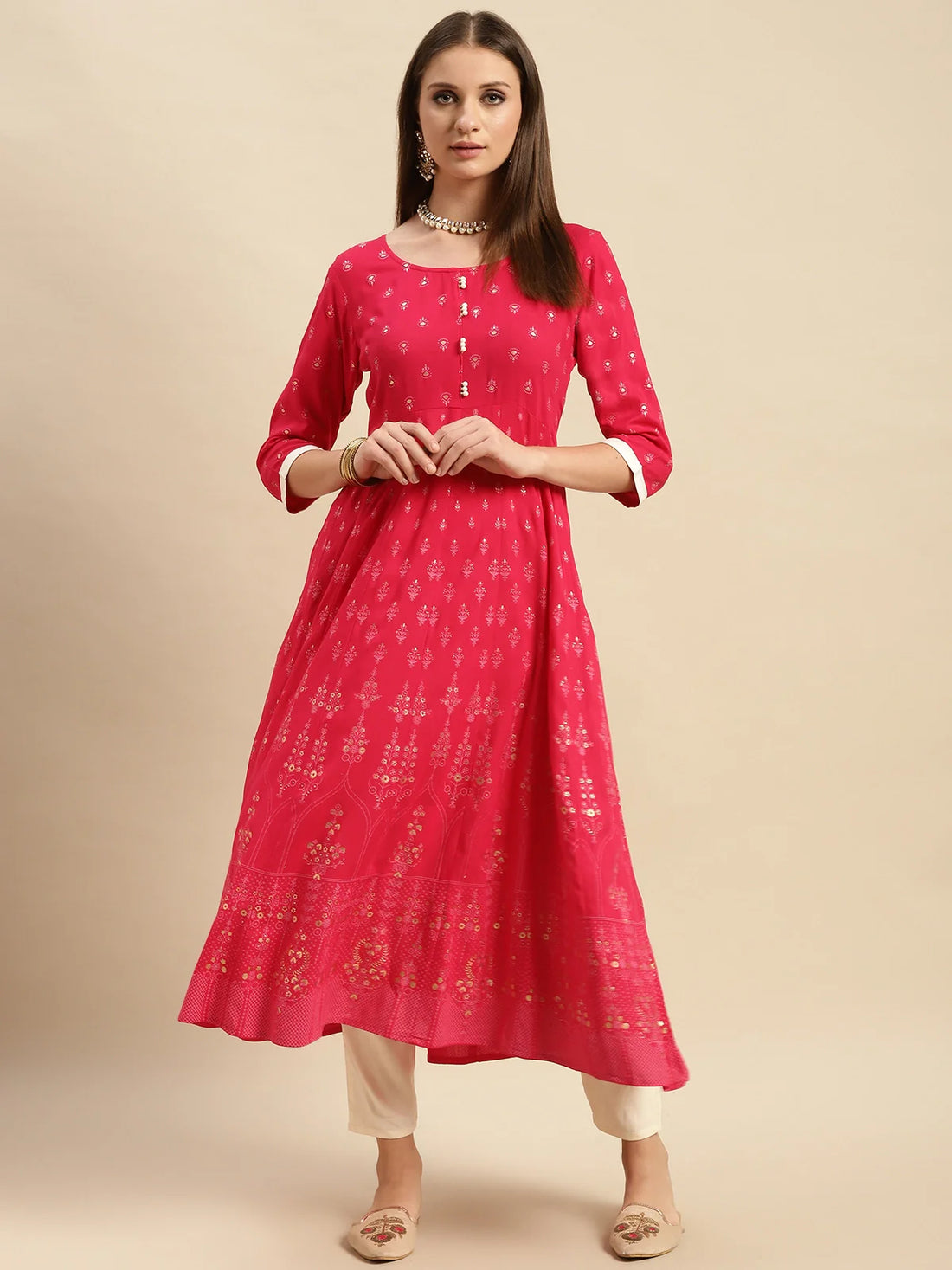 Buy Rayon Contrast Button Buta Printed Calf Length Partywear Anarkali Kurta-Coral