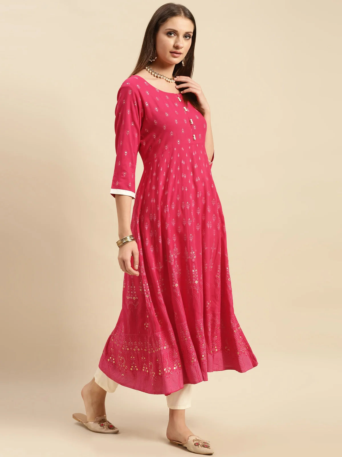 Buy Rayon Contrast Button Buta Printed Calf Length Partywear Anarkali Kurta-Coral