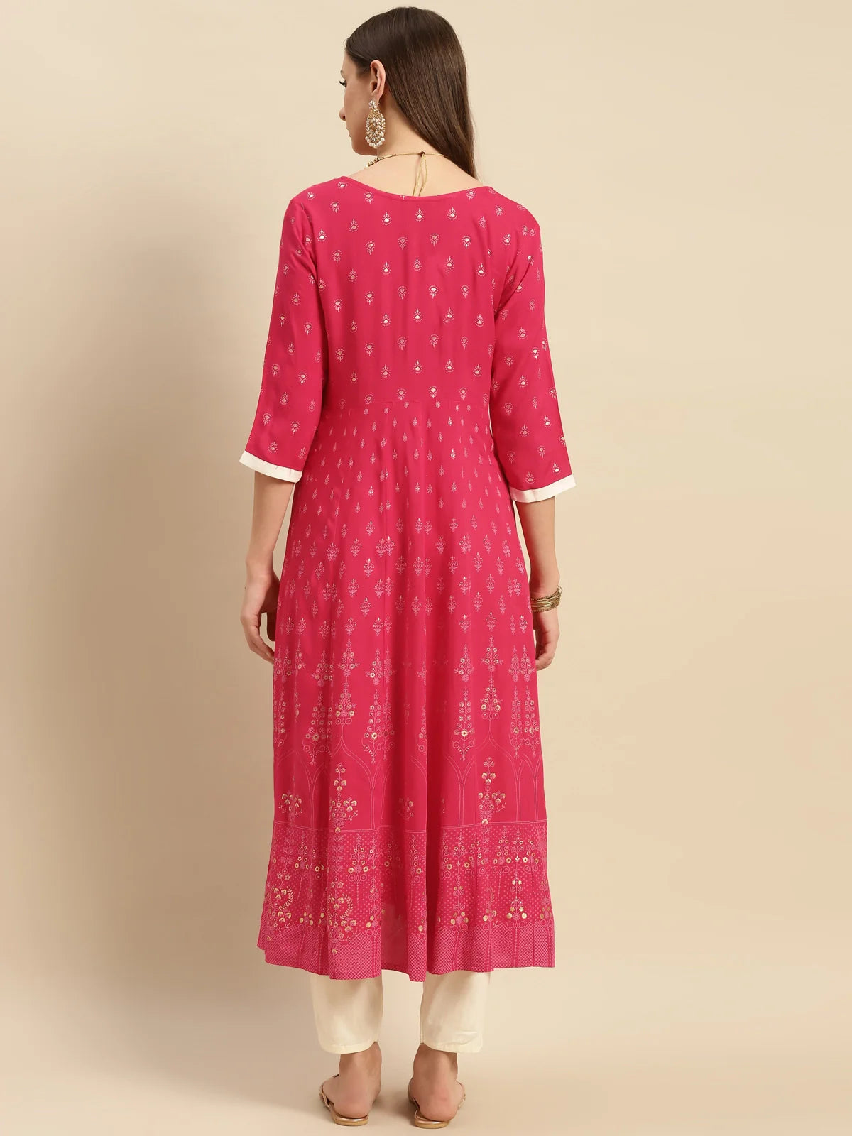 Buy Rayon Contrast Button Buta Printed Calf Length Partywear Anarkali Kurta-Coral