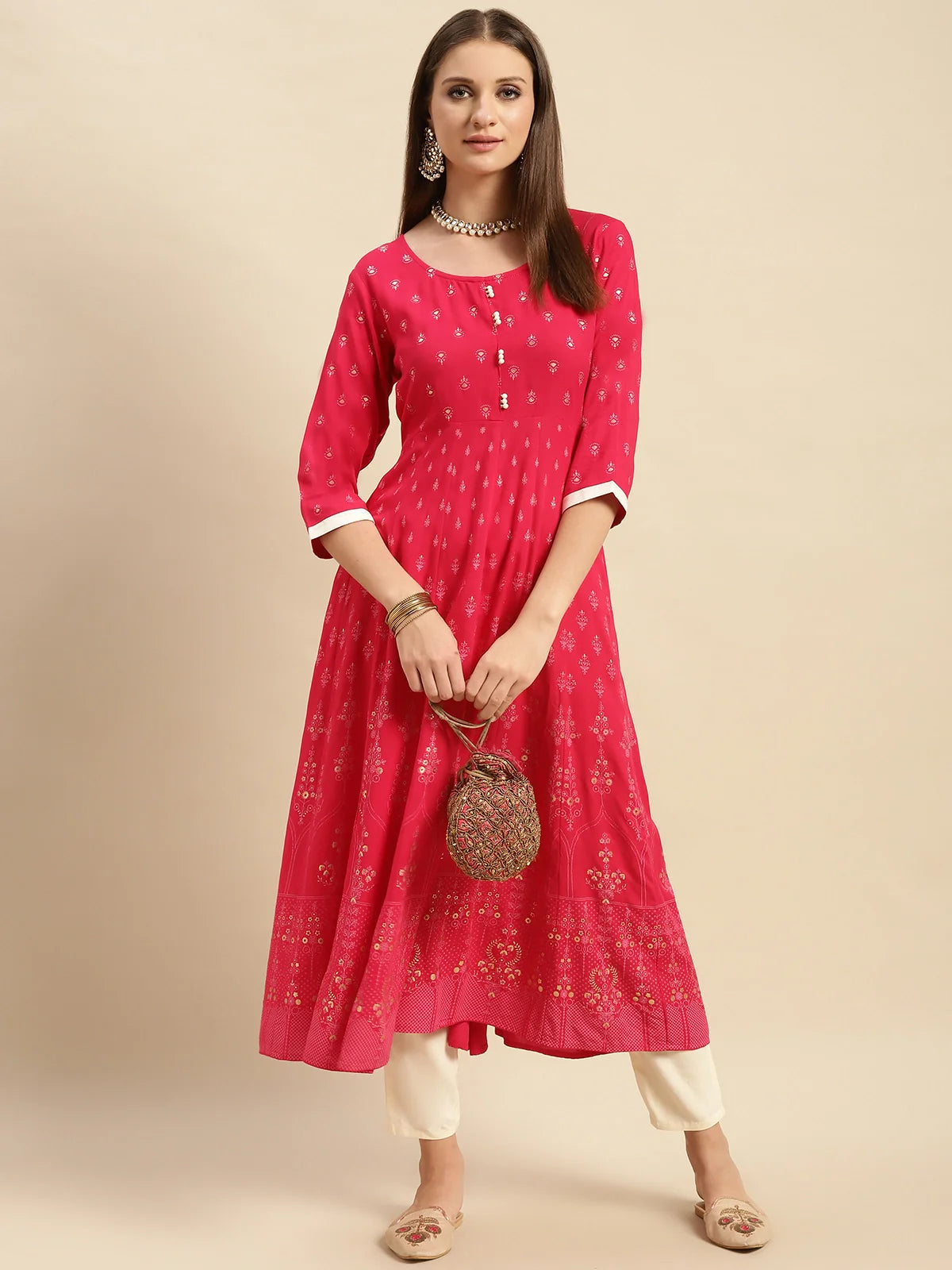 Buy Rayon Contrast Button Buta Printed Calf Length Partywear Anarkali Kurta-Coral