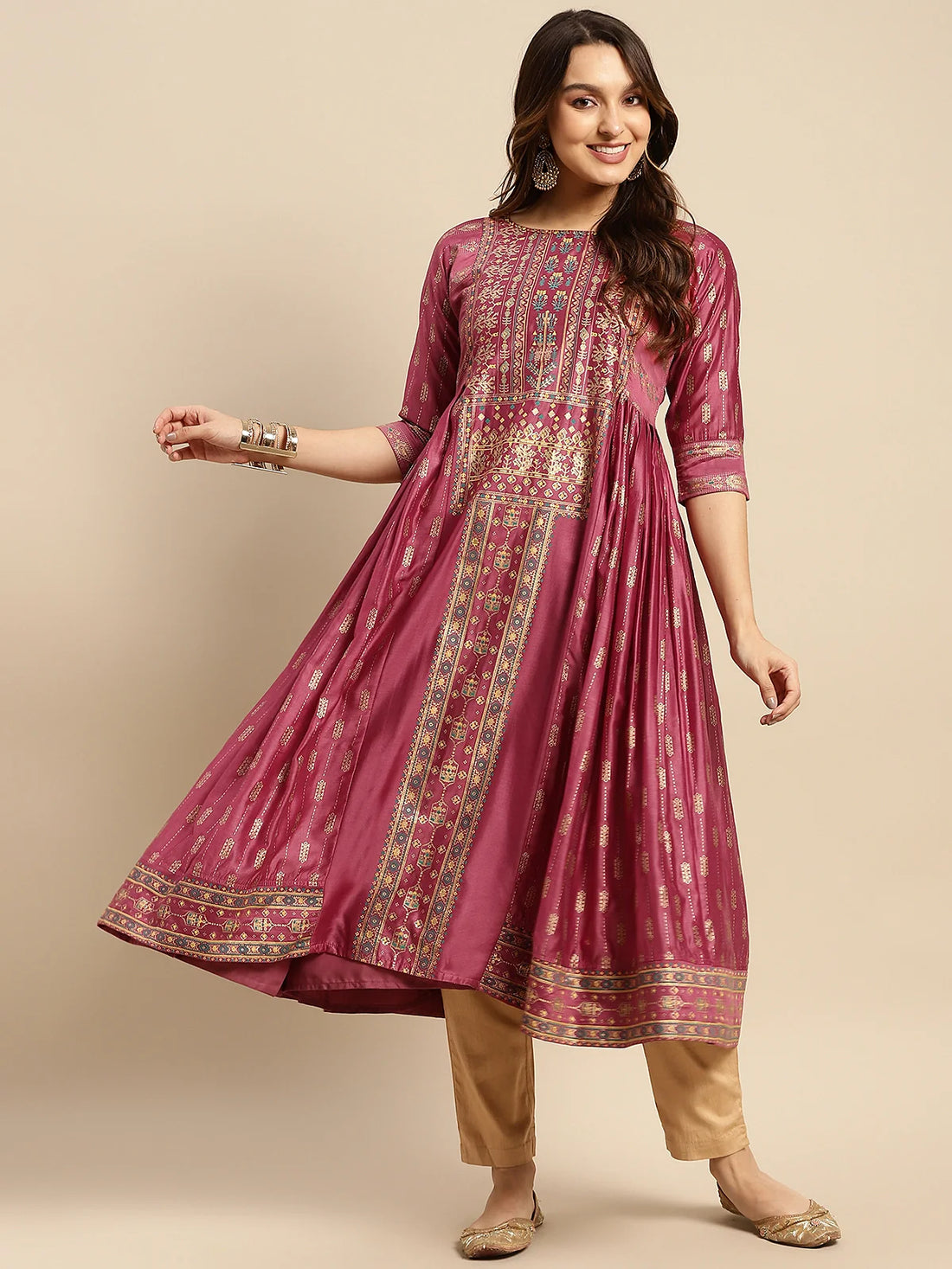 Buy Embellished Yoke Foil Printed Calf Length Anarkali Kurta-Burgundy