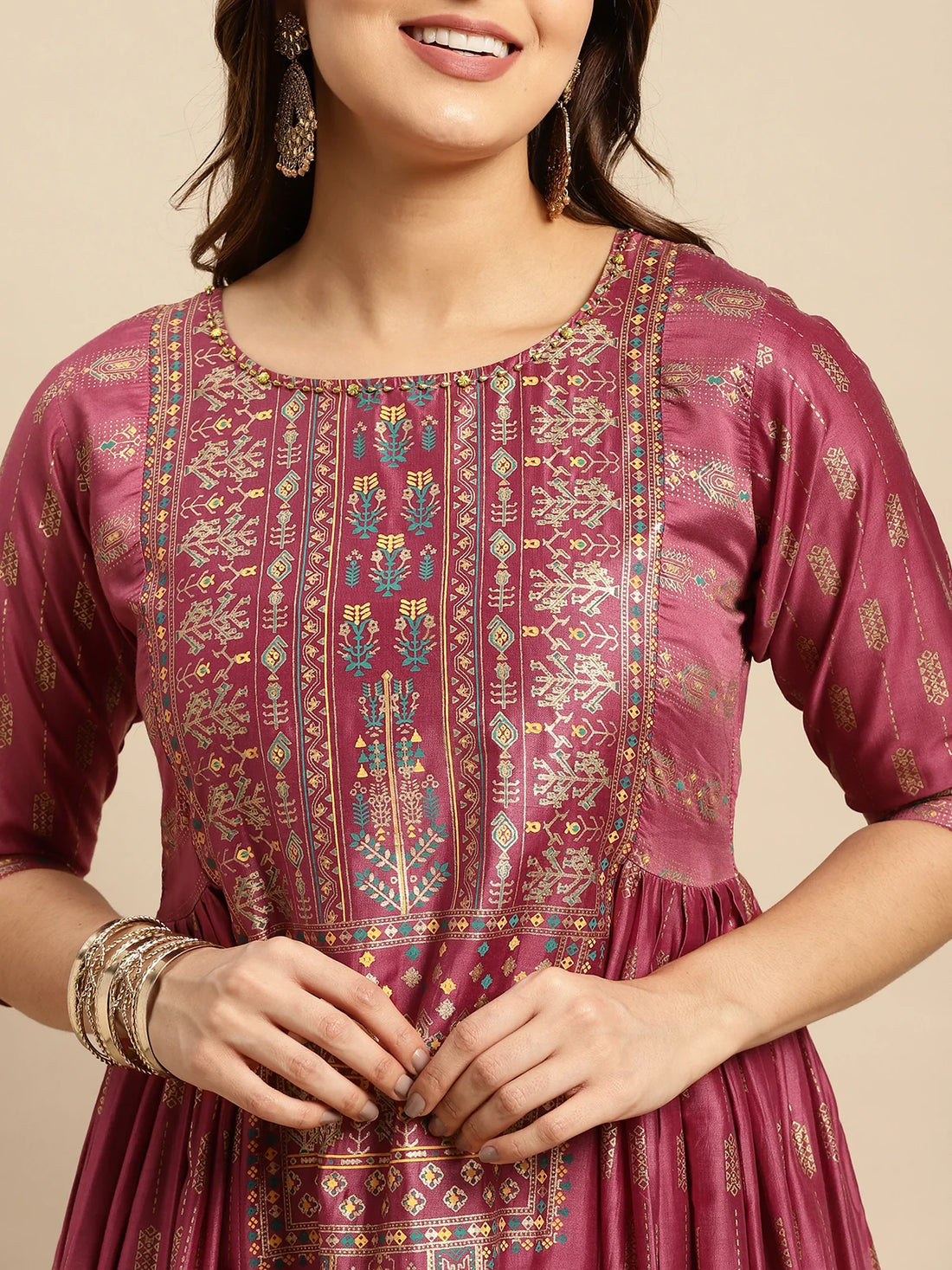 Buy Embellished Yoke Foil Printed Calf Length Anarkali Kurta-Burgundy