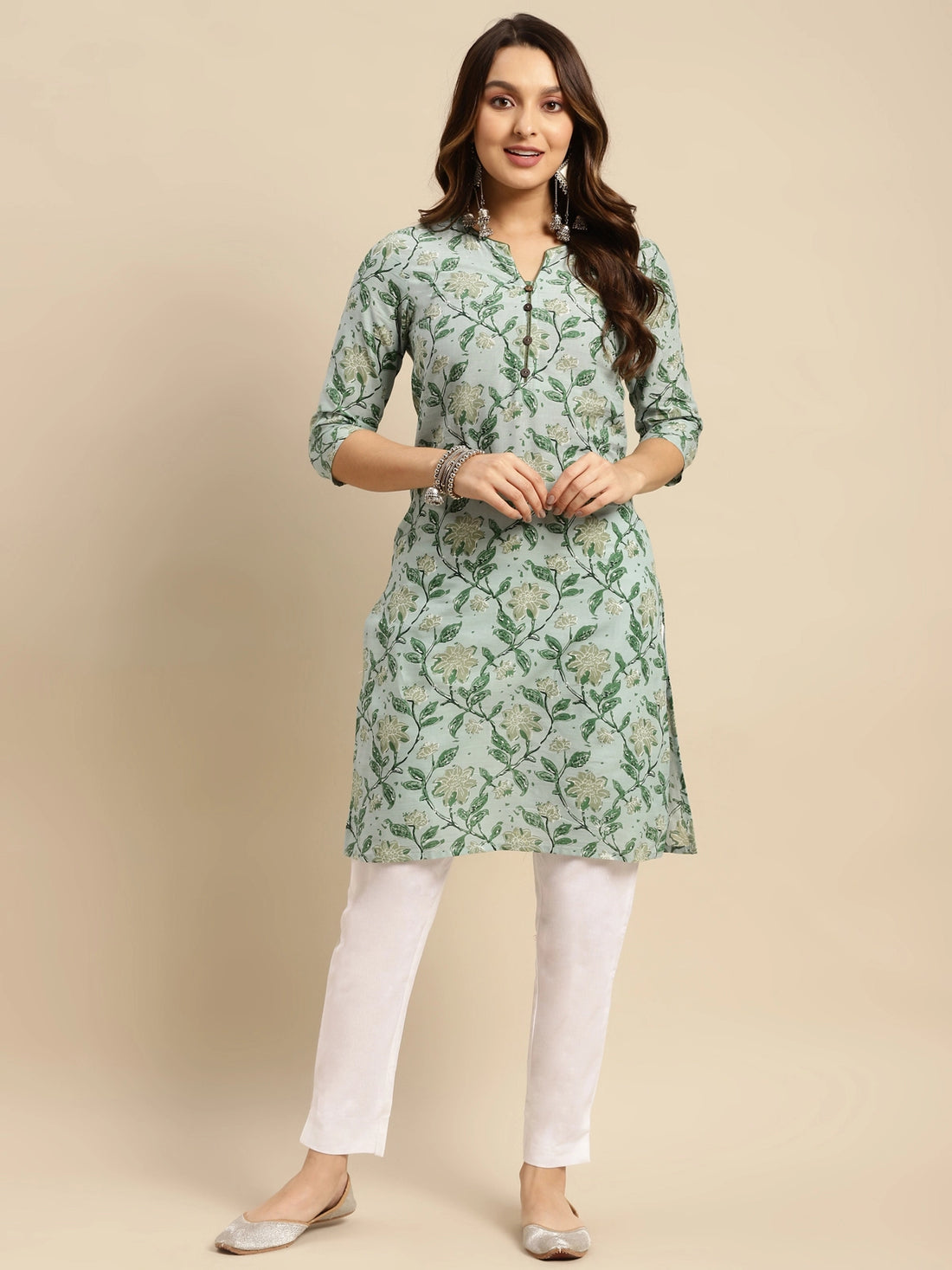 Buy 100% Cotton Floral Printed Knee Length Straight Kurta-Mint Green