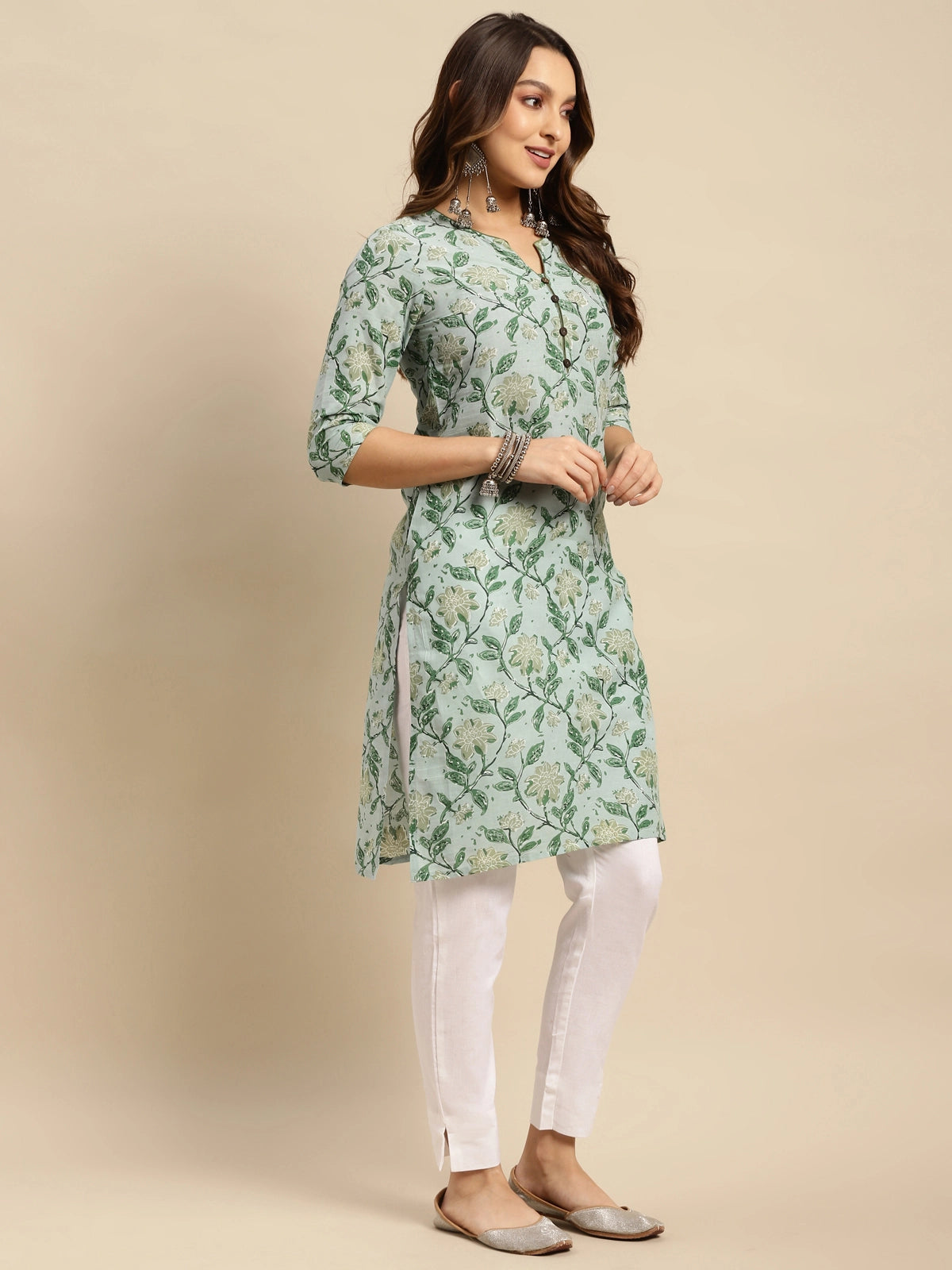 Buy 100% Cotton Floral Printed Knee Length Straight Kurta-Mint Green