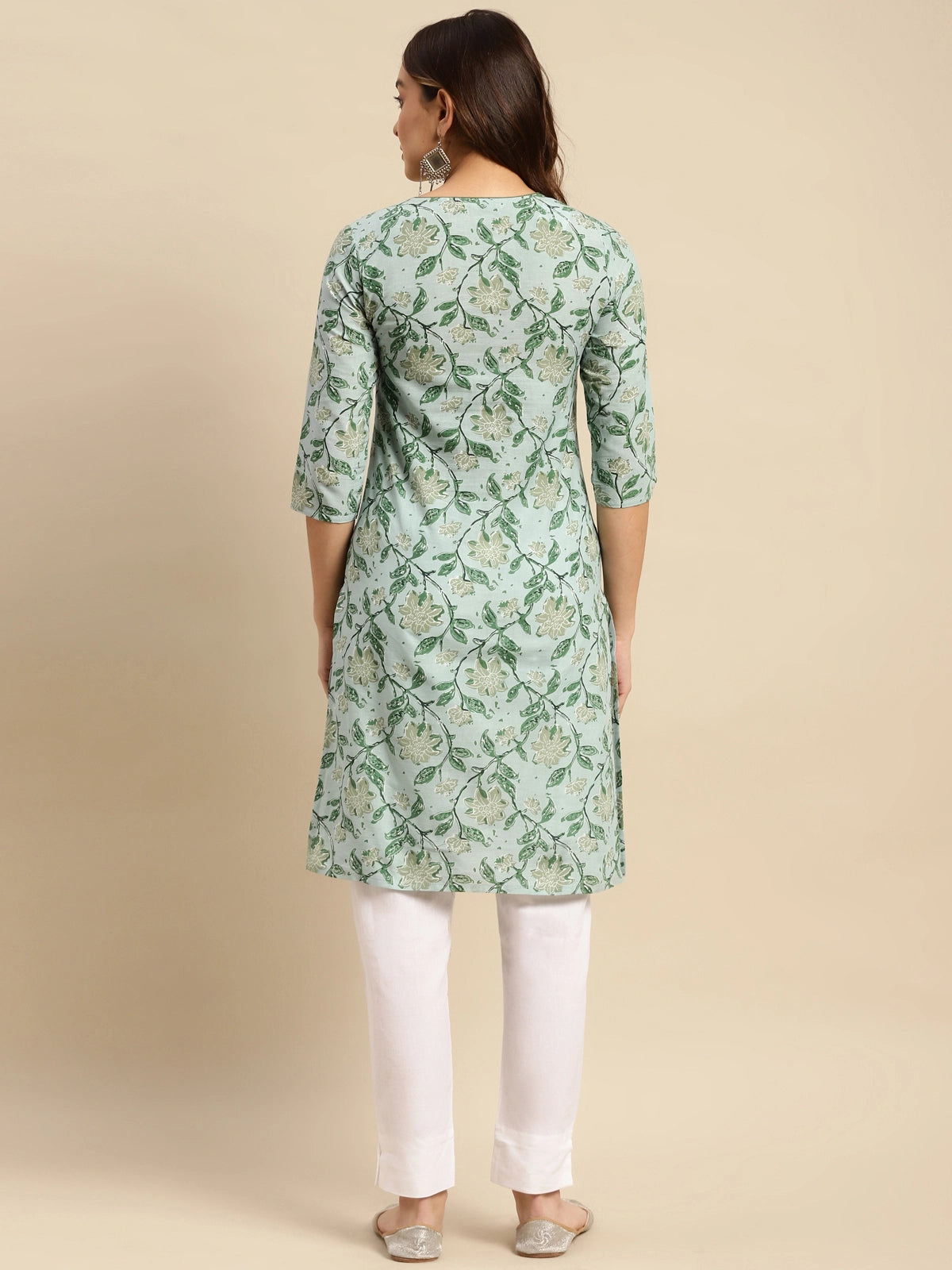 Buy 100% Cotton Floral Printed Knee Length Straight Kurta-Mint Green