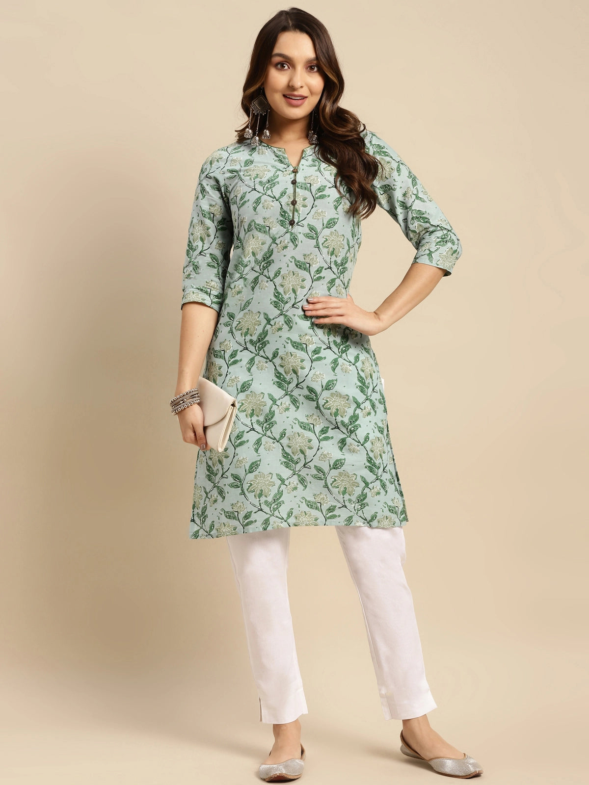 Buy 100% Cotton Floral Printed Knee Length Straight Kurta-Mint Green