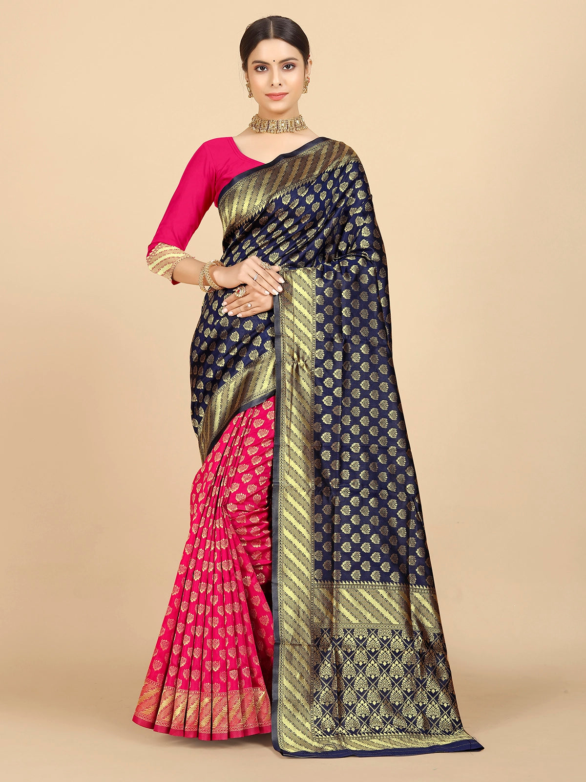 Buy Banarasi Silk Jacquard Saree With Blouse Piece-Navy Blue