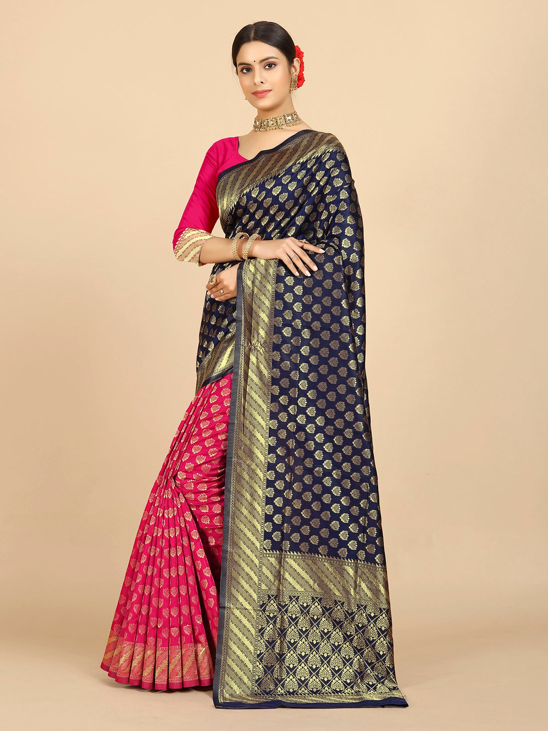 Buy Banarasi Silk Jacquard Saree With Blouse Piece-Navy Blue