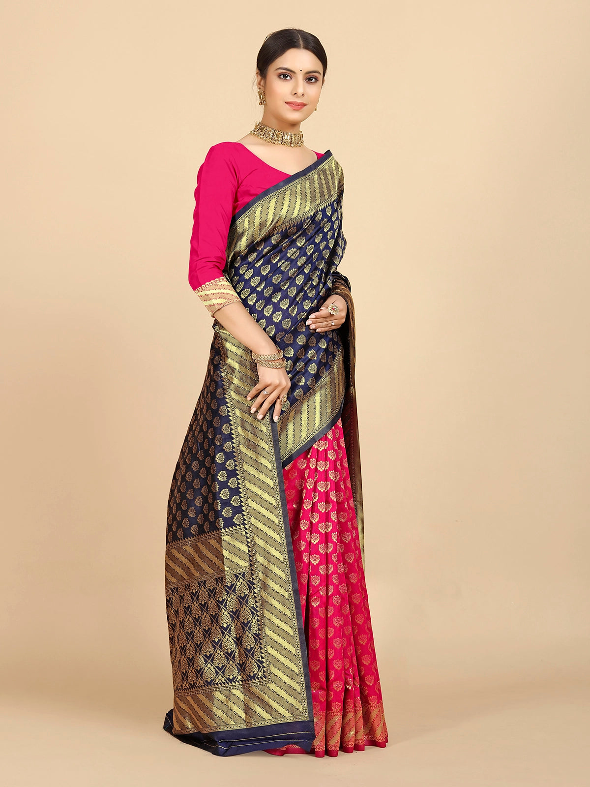 Buy Banarasi Silk Jacquard Saree With Blouse Piece-Navy Blue