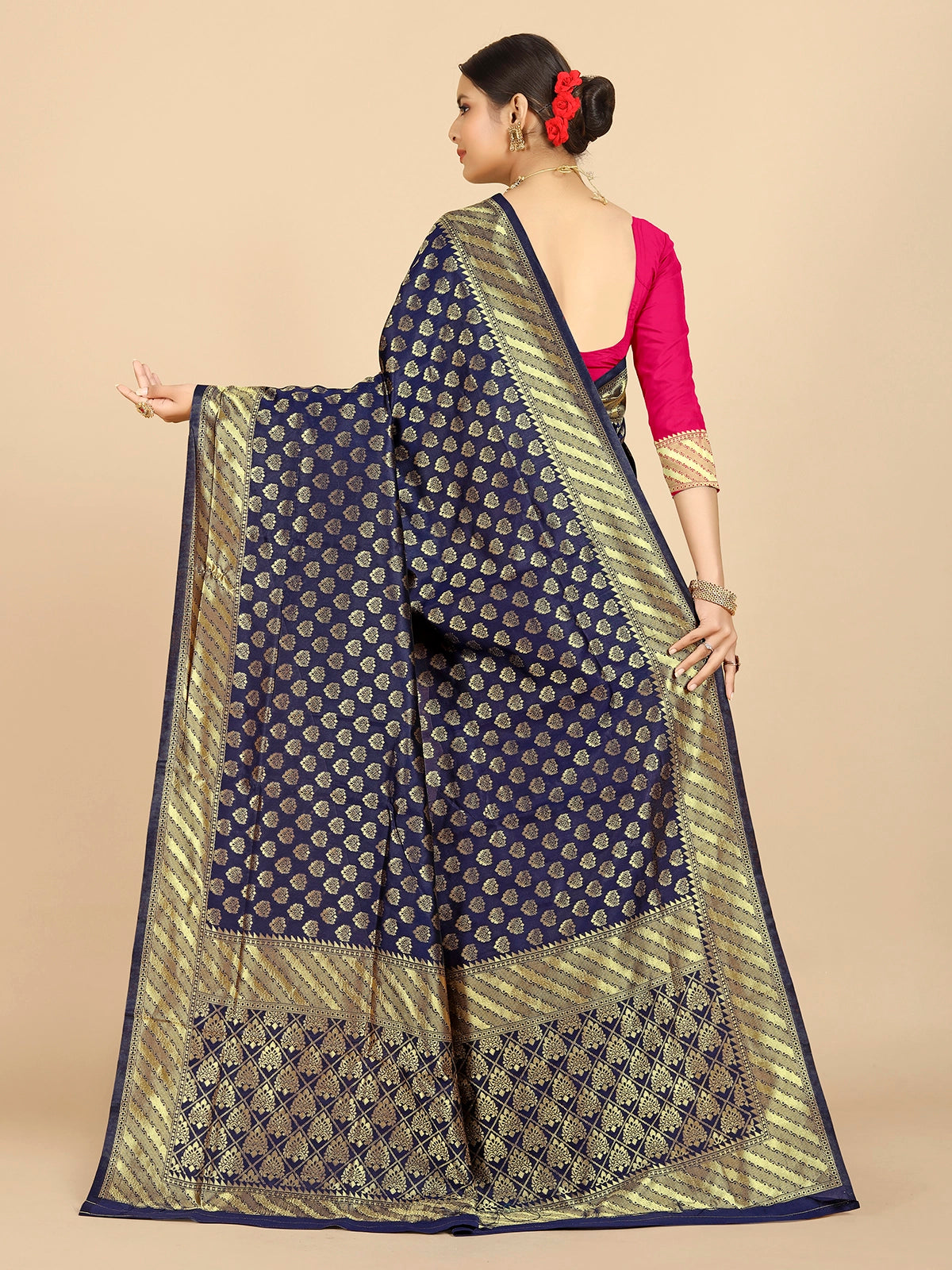 Buy Banarasi Silk Jacquard Saree With Blouse Piece-Navy Blue